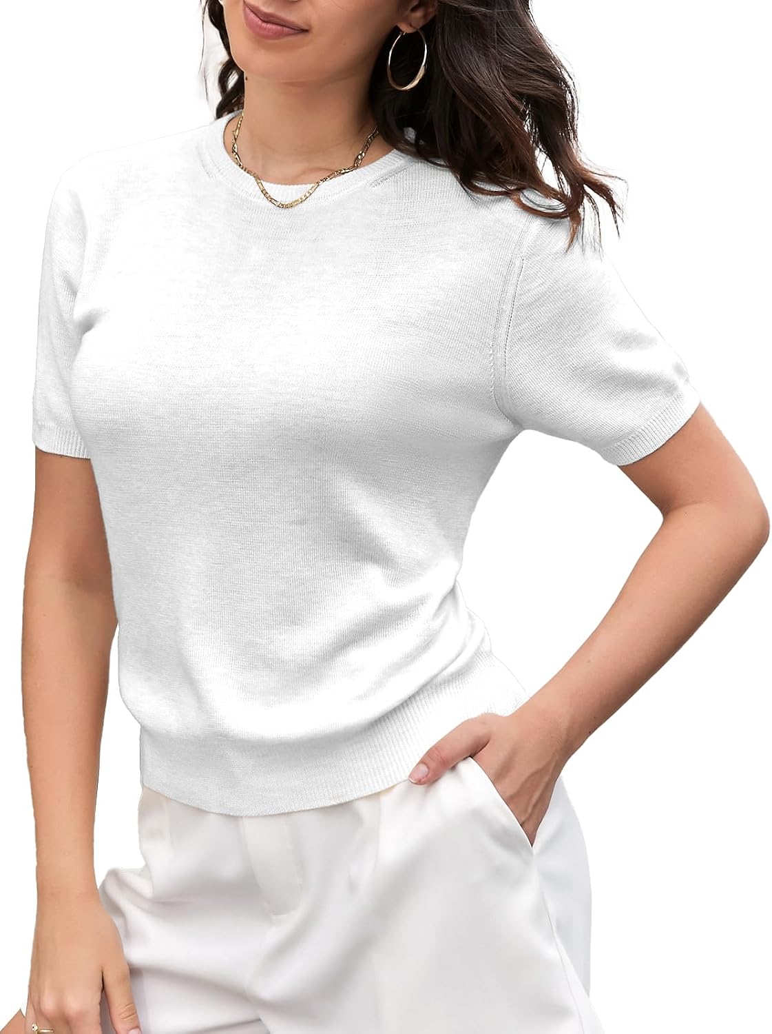 SANGTREE Women's Short Sleeve Sweaters Crew Neck Pullover Tops Summer Sweaters for Women