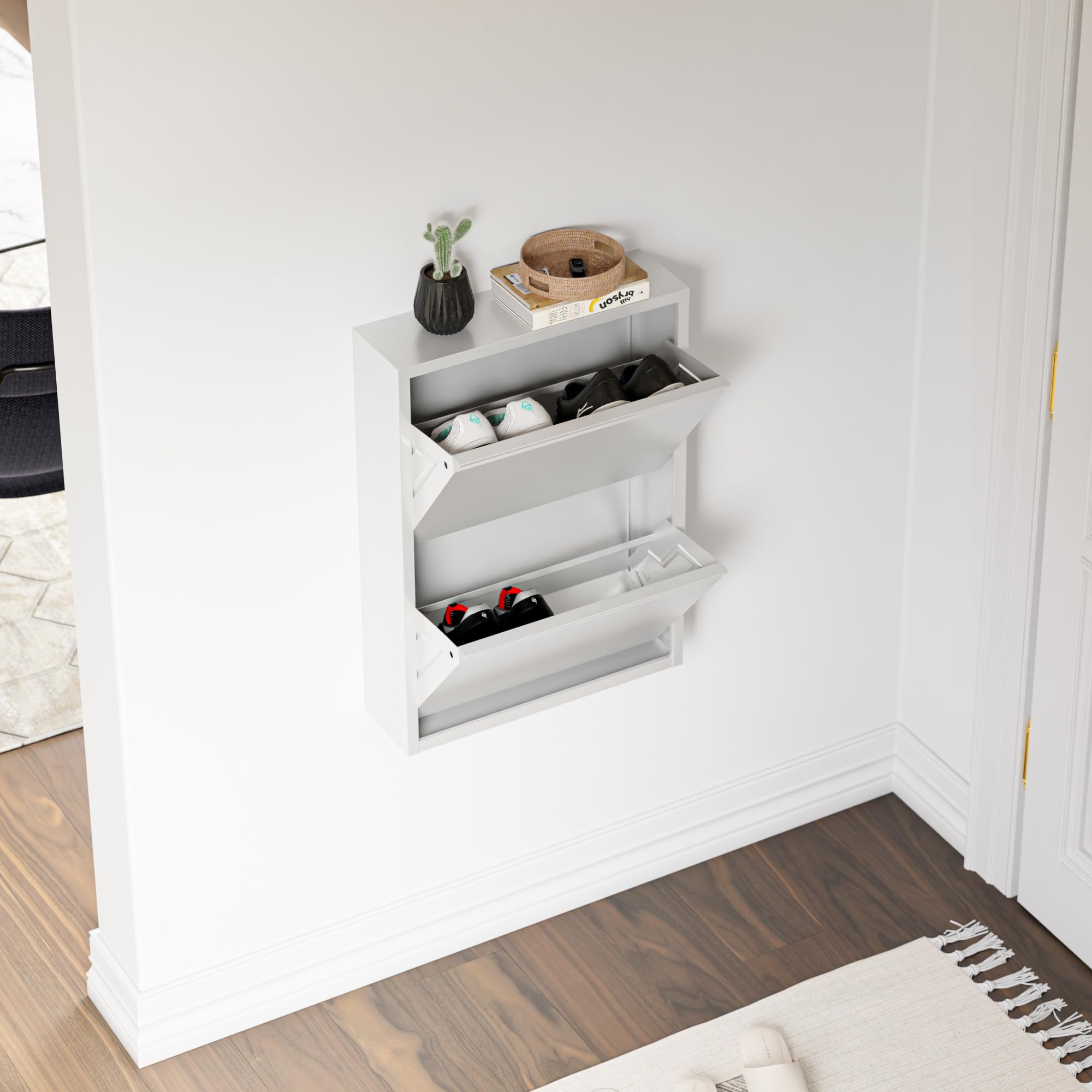 [en.casa] Scarpiera Salvaspazio con 2 Contenitori Ribaltabili Portascarpe in Metallo Mobile per Ingresso Giardino Spogliatoio - Bianco