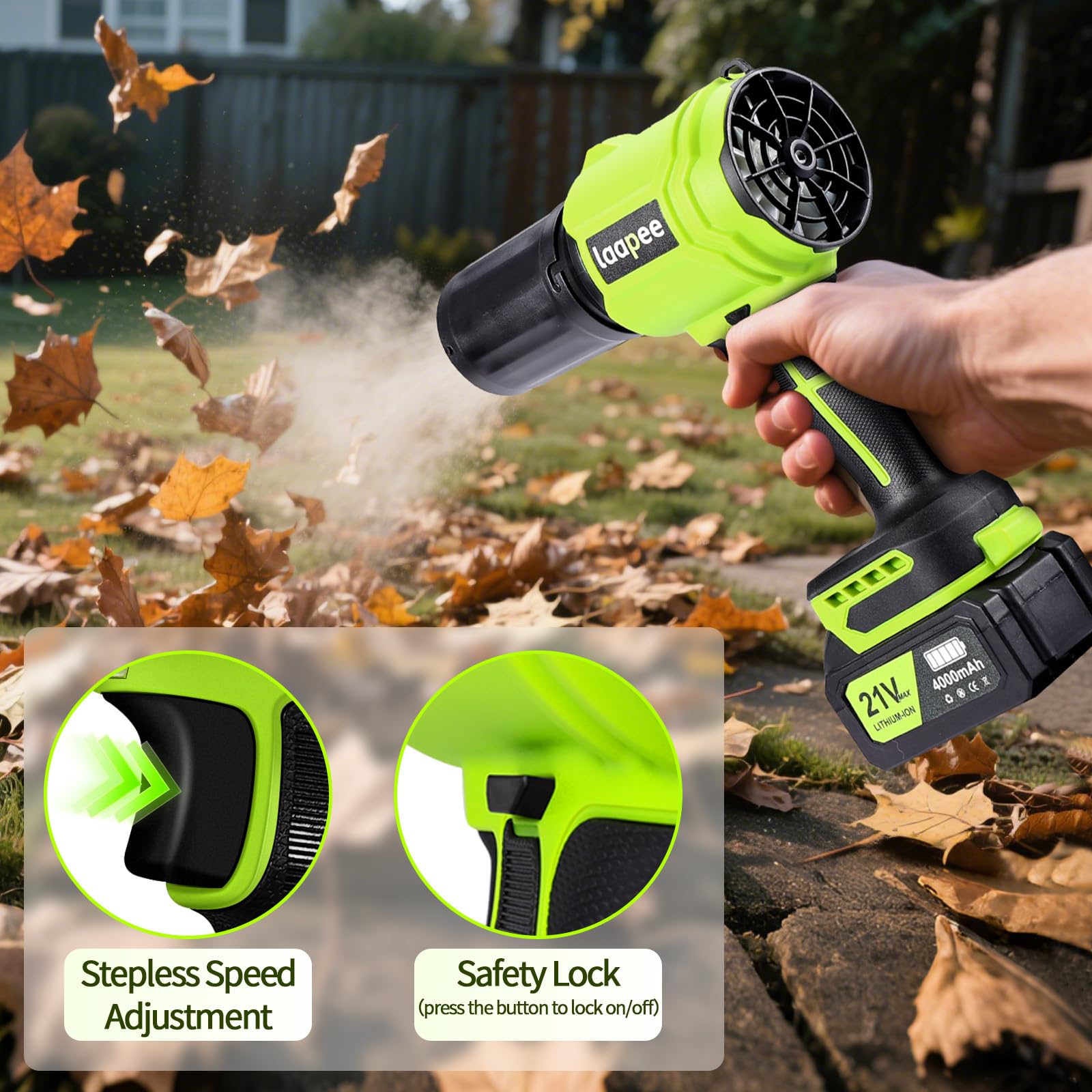 Soffiatore per foglie senza fili, alimentato a batteria, con 2 batterie da 4,0 Ah e caricabatterie, spazzaneve portatile per la cura del prato, polvere, neve, auto che soffia acqua con 2 ugelli estesi