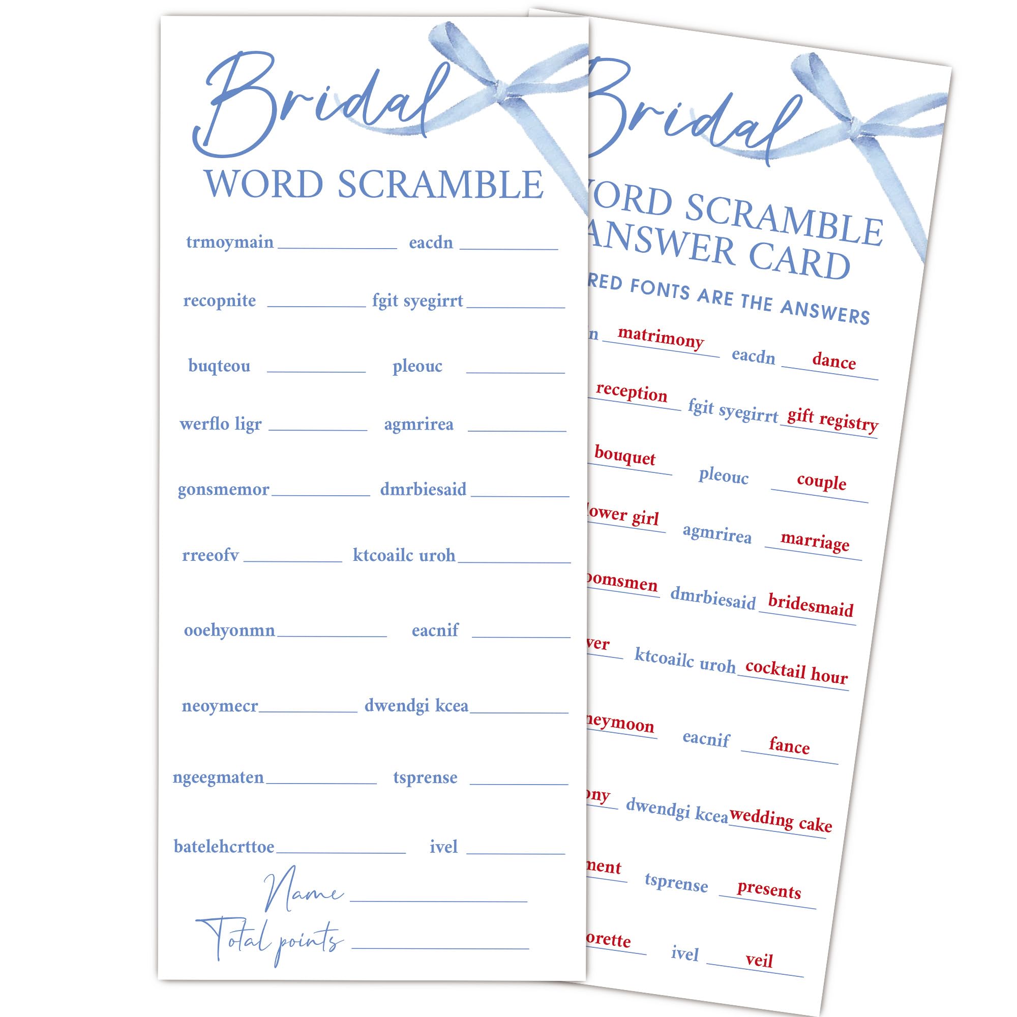 Ogleqoo Blue Bow Wedding Shower Games, Word Scramble Wedding Games for 25 Guests, Engagement Bridal Shower Party Cards, Engagement & Bridal Party