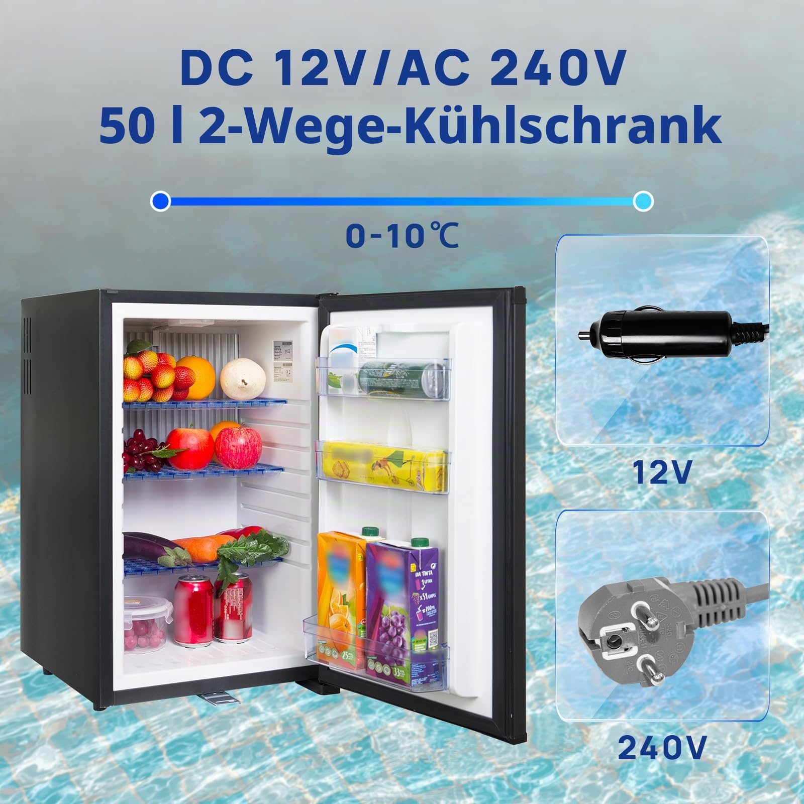 Smad 12V Kühlschrank 50L,Camping Kühlschrank 12v 230v, Leiser Wohnmobil Kühlschrank mit Schloss, Absorber Kühlschrank für Auto, Wohnwagen, Büro, Wendetür, Schwarz