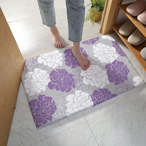 Alfombra de baño con estampado floral de peonía, patrón geométrico abstracto, morado, gris, blanco, absorbente, antideslizante, de microfibra suave,