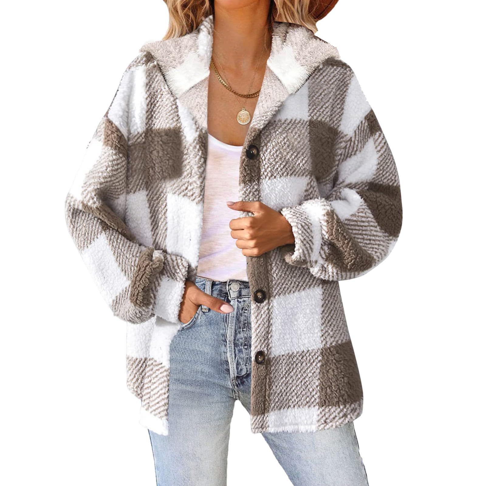 Ceboyel Women Flannel Jackets 2023 Fleece Plaid Hoodies Jacket Hooded Long Sleeve Shirt Trendy Fall Winter Ladies Clothes