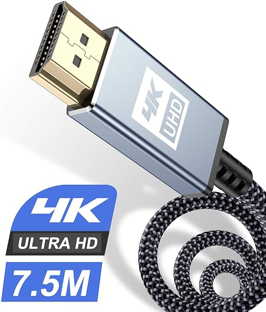 4K HDMI Cable 7.5m,Sweguard High Speed 18Gbps Braided HDMI 2.0 Cable 4K@60Hz 2K@144Hz Supports 3D UHD 2160p HD 1080p Ethernet HDCP 2.2 ARC Compatible Fire TV,Xbox,PS5/4/3,Blu-ray,Sky,Monitor,Laptop,PC