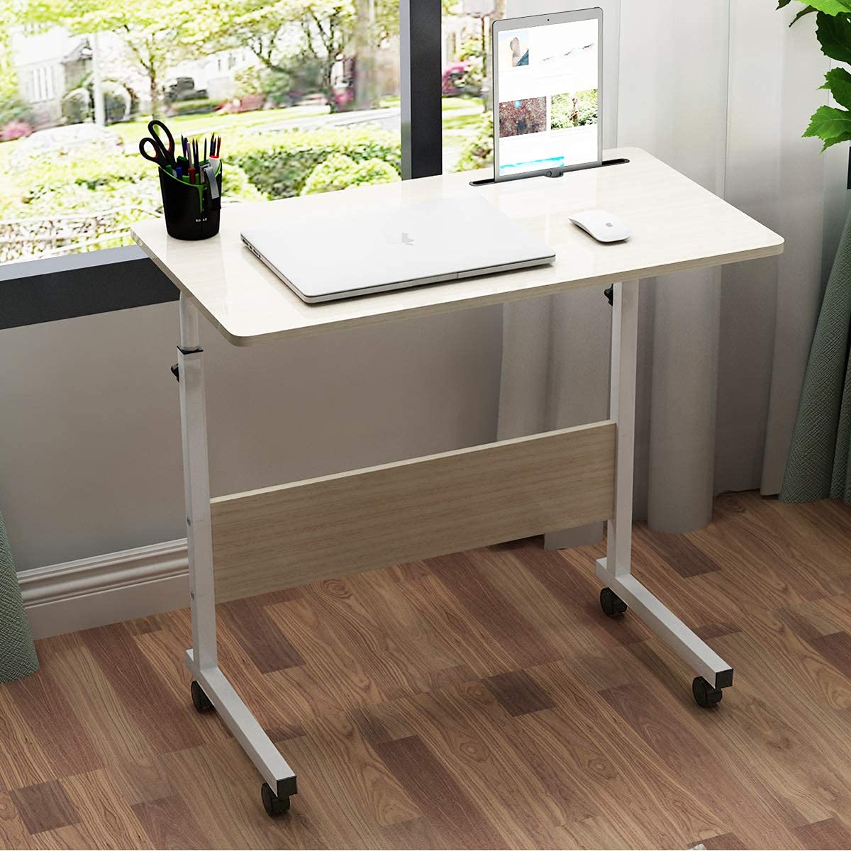 SogesPower Table d'appoint, Petite Table d'appoint, avec 4 Roues pivotantes, Hauteur réglable, Bureau d'Ordinateur en Forme de C, avec Support pour Tablette, Taille : 60 * 40*(71-90) cm