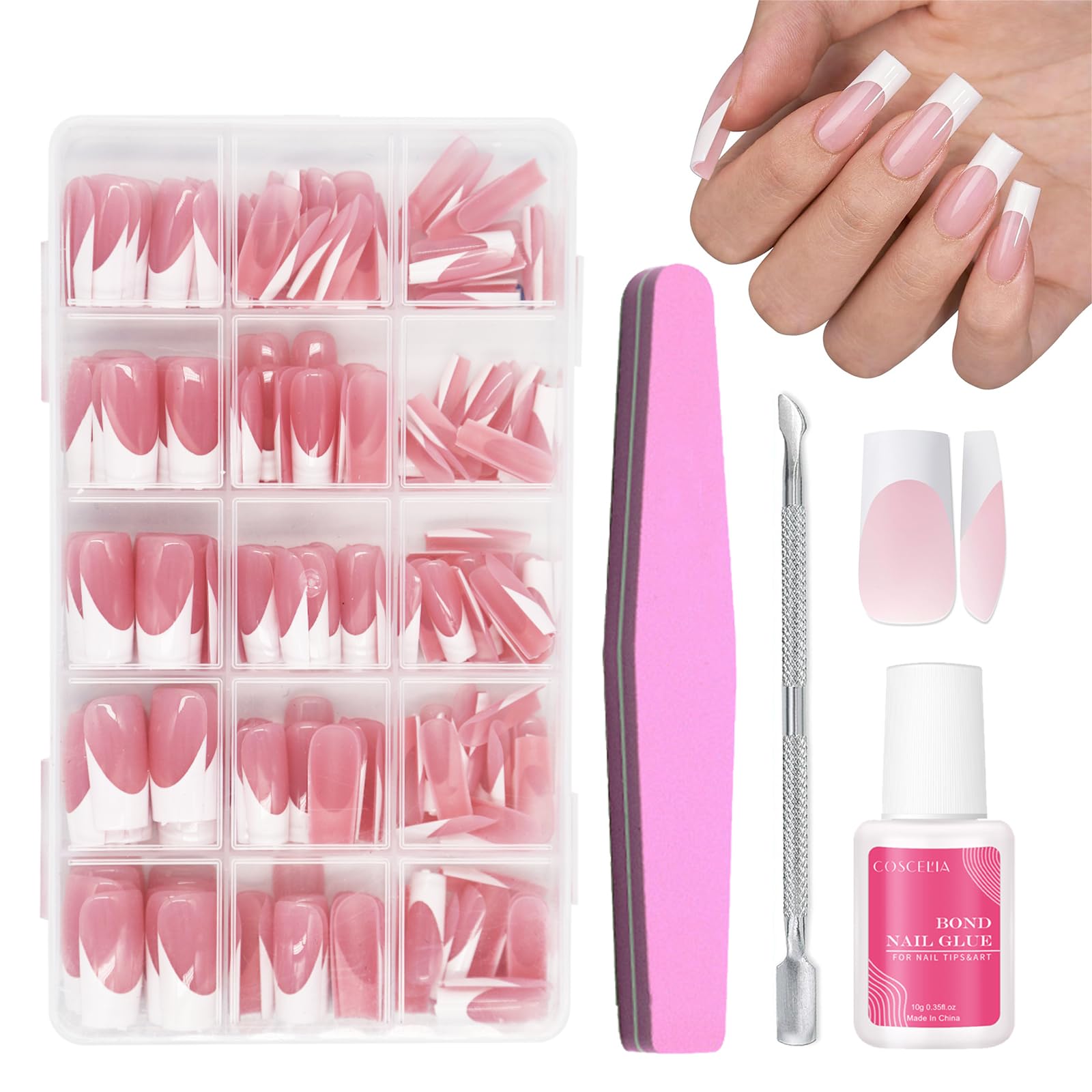 Uñas postizas francesas - 240 piezas cuadradas cortas a presión - Cobertura total - Decoración de manicura francesa(Pink Long)