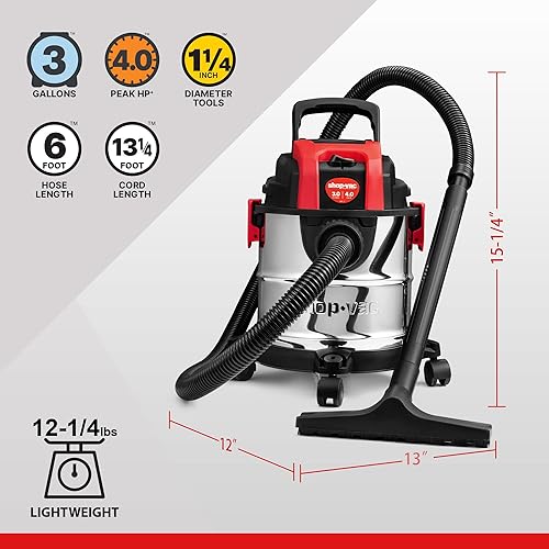 Miniatura 3 de Shop-Vac Aspiradora húmedaseca de 3 galones y 4.0 HP con función de soplador, tanque de acero inoxidable, aspiradora portátil con ruedas, incluye