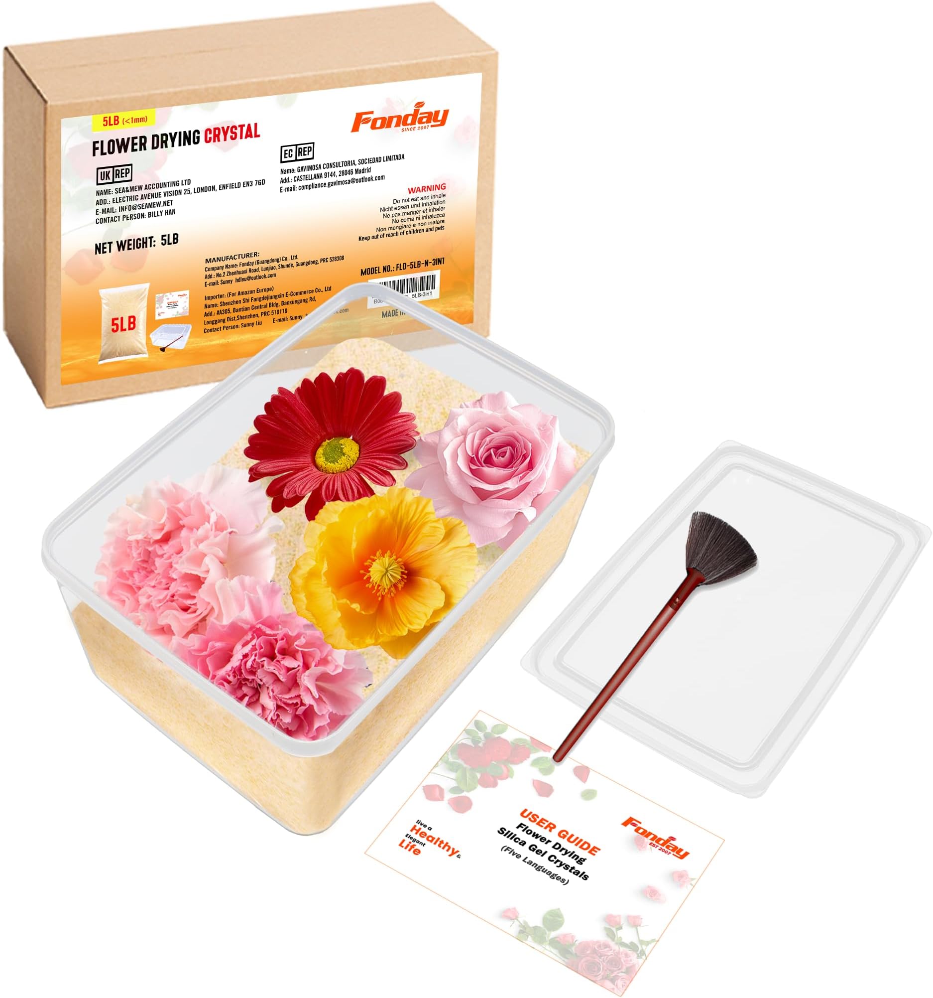 5LBS Fonday Silica Gel Flower Drying Crystals for Wedding Bouquet Preservation with Sealed Container and Brush Color Indicating Reusable Bead Size Less Than 1mm
