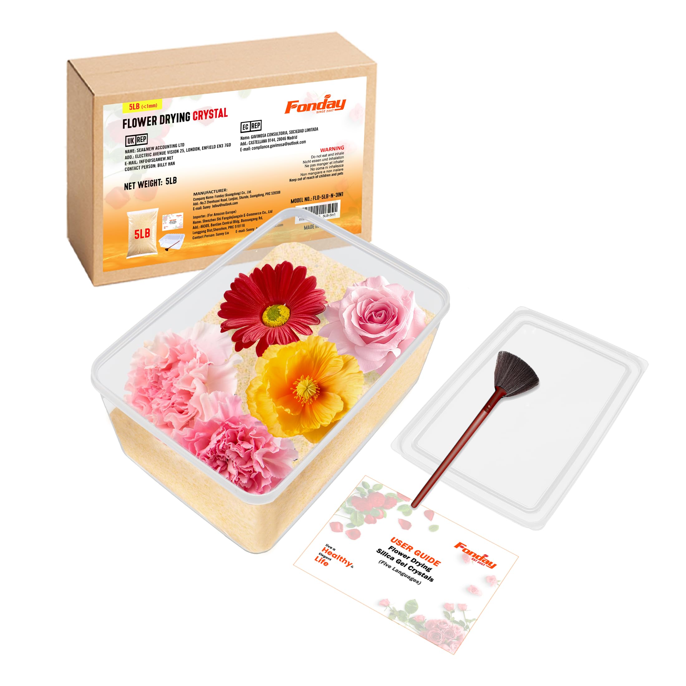 Fonday 5LBS(2.27Kg) Silica Gel Flower Drying Crystals with Sealed Container and Brush Fine Crystals Color Indicating Reusable,Bead Size<1mm(User Manual Included)