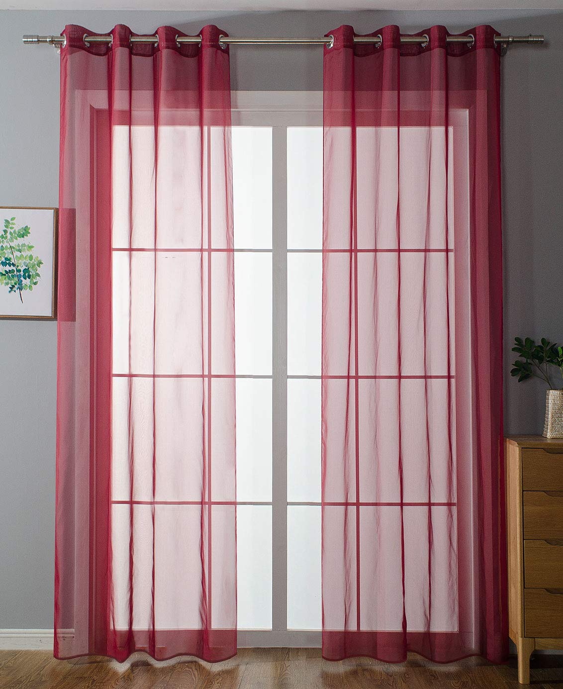 Gardinenbox 203322 Pack of Transparent Eyelet Curtains for Living Room Voile Eyelet Curtain Lead Tape Closure H x W 225 x 140 cm Bordeaux