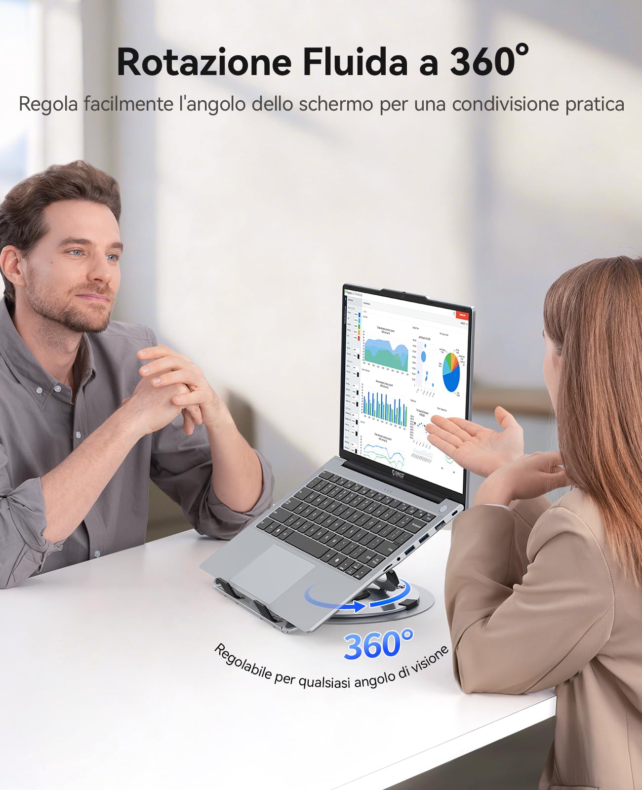 ORICO Supporto PC Portatile Regolabile, Laptop Stand Ventilato con Base Girevole a 360°, Supporto Laptop Ergonomico Pieghevole per Scrivania, Compatibile con Notebook da 10-17" - NS1, Argento