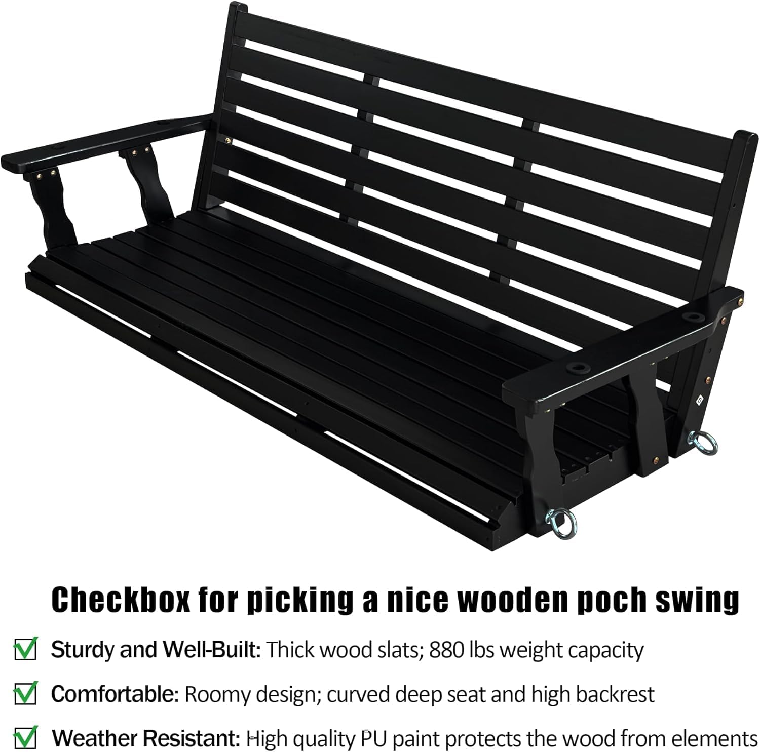 Wooden Porch Swing, Ergonomic Seat, Bench Swing with Hanging Chains and 7mm Springs, Heavy Duty 800 LBS, for Outdoor Patio Garden Yard (Carbon Black, 3-Seater Extra Large)