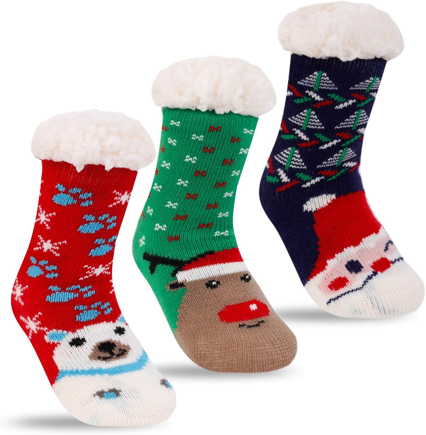 3 Pairs Kids Boys Girls Slipper Socks Winter Sherpa Lined Fuzzy Warm Soft Non Skid