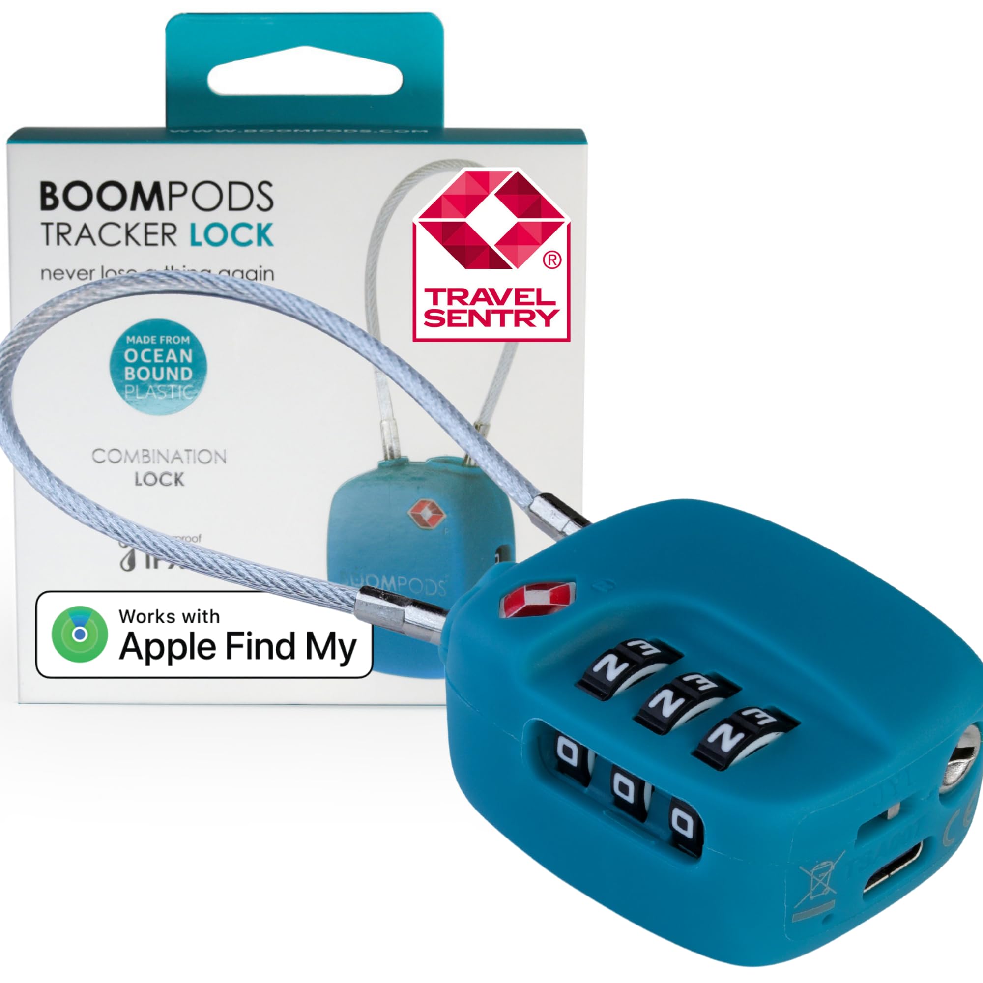 Boompods Cadenas Valise avec Fonction de Localisation - Cadenas Connectée avec Traceur Compatible avec Apple Find My App, Verrou Intelligent TSA pour Valise et Bagages, Batterie Rechargeable - Bleu