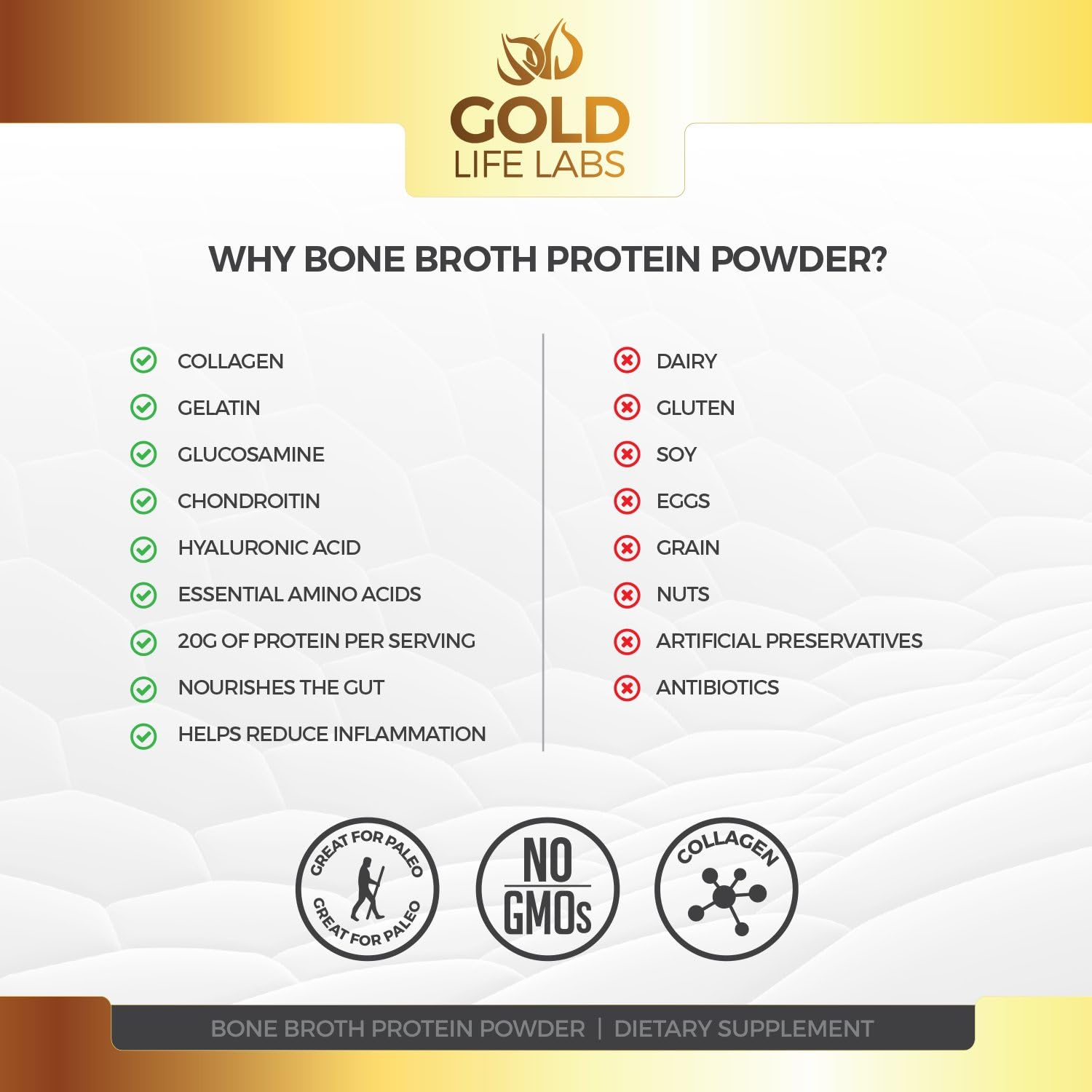 Bone Broth Protein Powder - Unflavored Grass Fed Beef 20 Servings 445g/15.7oz - Gluten Free & Great For Paleo Diet - Bone Broth Powder Supports Digestive & Immune Health - Made In USA