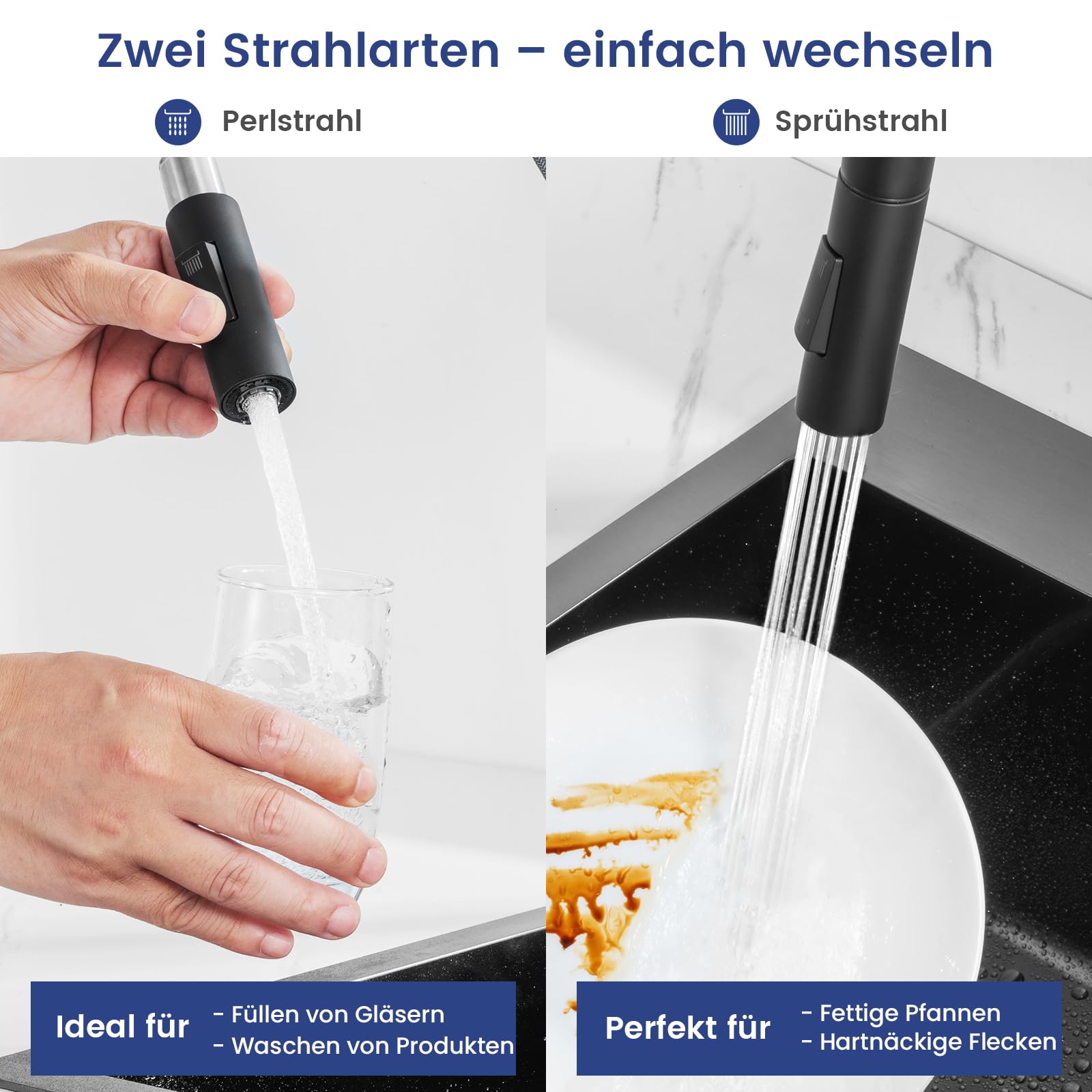 CECIPA Wasserhahn Küche Schwarz, Hochdruck Küchenarmatur mit Brause Ausziehbar Armatur, Mischbatterie Spültischarmatur, Zwei Strahlarten, 360° Schwenkbar, Matt Schwarz Edelstahl - SOFETIY SERIE