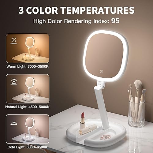 Miniatura 6 de Espejo de maquillaje de 6.3 pulgadas con luz y aumento, espejo de maquillaje iluminado 10X1X, espejo de maquillaje iluminado con altura ajustable,