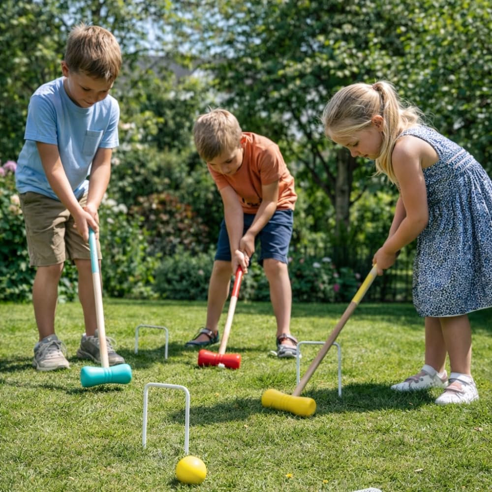 Jeu de Croquet en Bois pour 4 Joueurs, avec Maillets, Boules, Arceaux Métalliques et Filet de Rangement, Jeu de Jardin