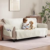 Pamhaven Quilted Anti-Slip Sofa Slipcover with Pockets - Water-Repellent Medallion Couch Cover for 3-Cushion 68" Large Sofa, Pet Friendly, Ivory White