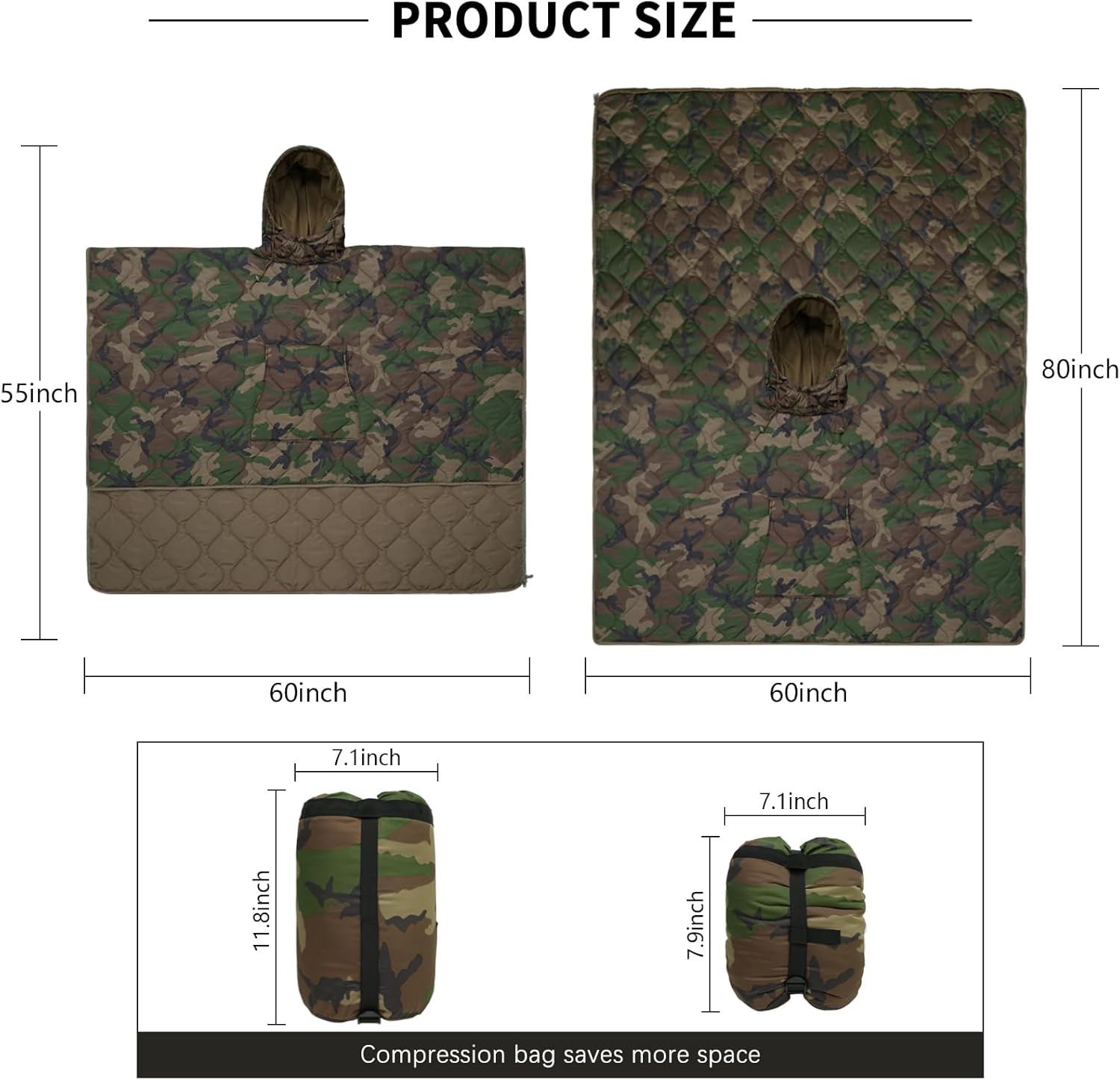 LOOGU Camo Blanket Waterproof Insulation Poncho Liner for Outdoor Camping, Hiking, Hunting, Survival, Backpacking, Picnicking