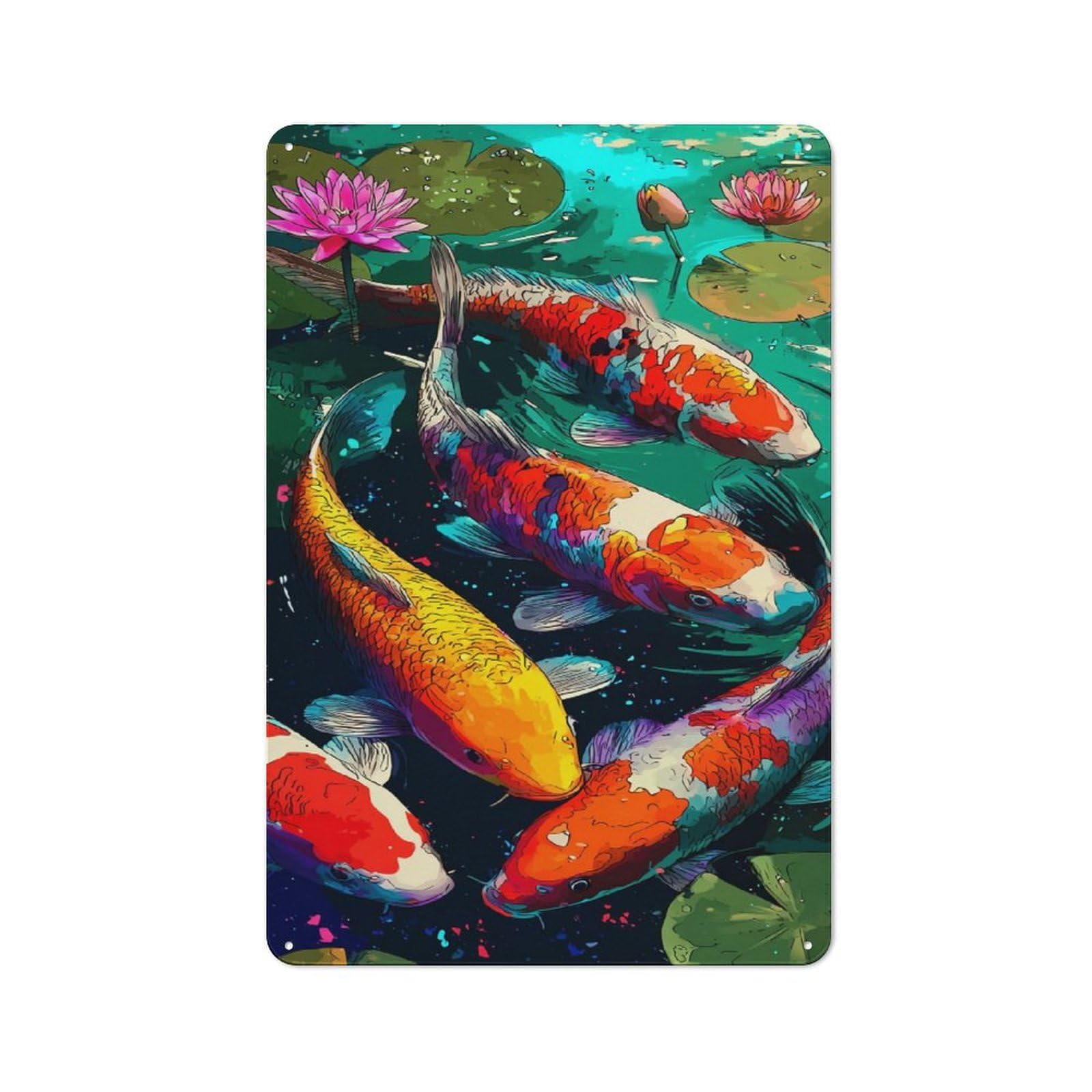 Junmoney Colorful Koi Fish Pond Tin Wall Plaque 30X20cm With For Kitchen Or Home Bar, A Christmas Gift For People Styling Kitchen And Home Bar