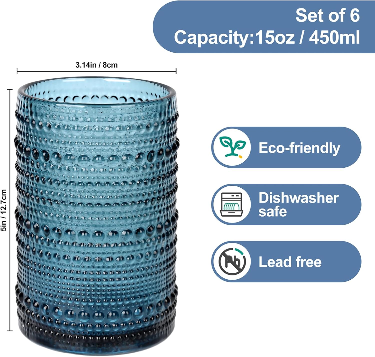 Vintage Glassware Drinking Glasses Set of 6,15 oz Hobnail Glass Cups,Embossed Blue Water Tumbler,for Beer,Cocktail,Whiskey,Juice and Various Mixed Drinks- 1 Cleaning Brush - Image 2