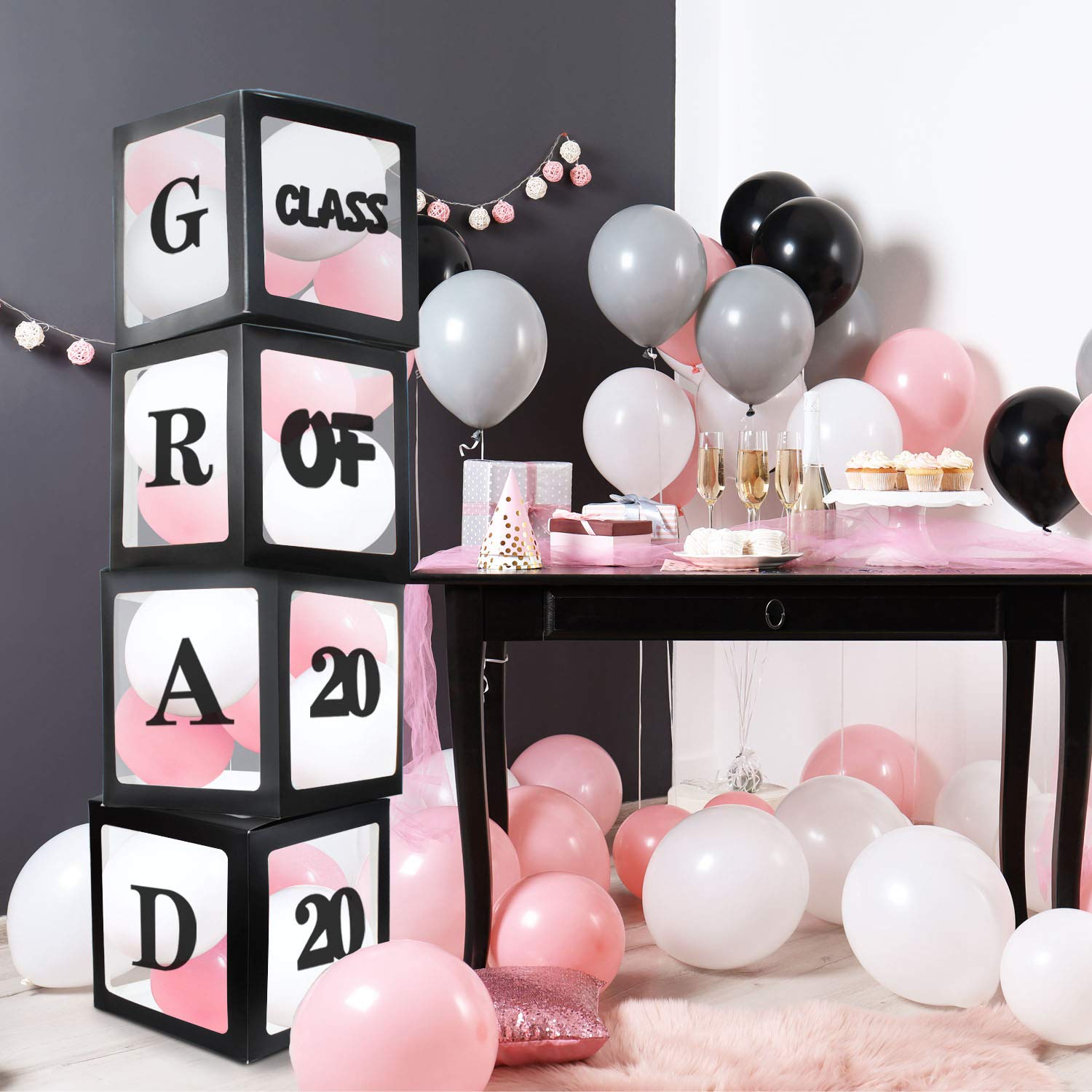 LINGTEER 4 Pieces Black Balloons Box for Graduation Party with 2 Pcs " GRAD " and " Class of 2021 " Letter Perfect for School Grad Party Decorations Supplies