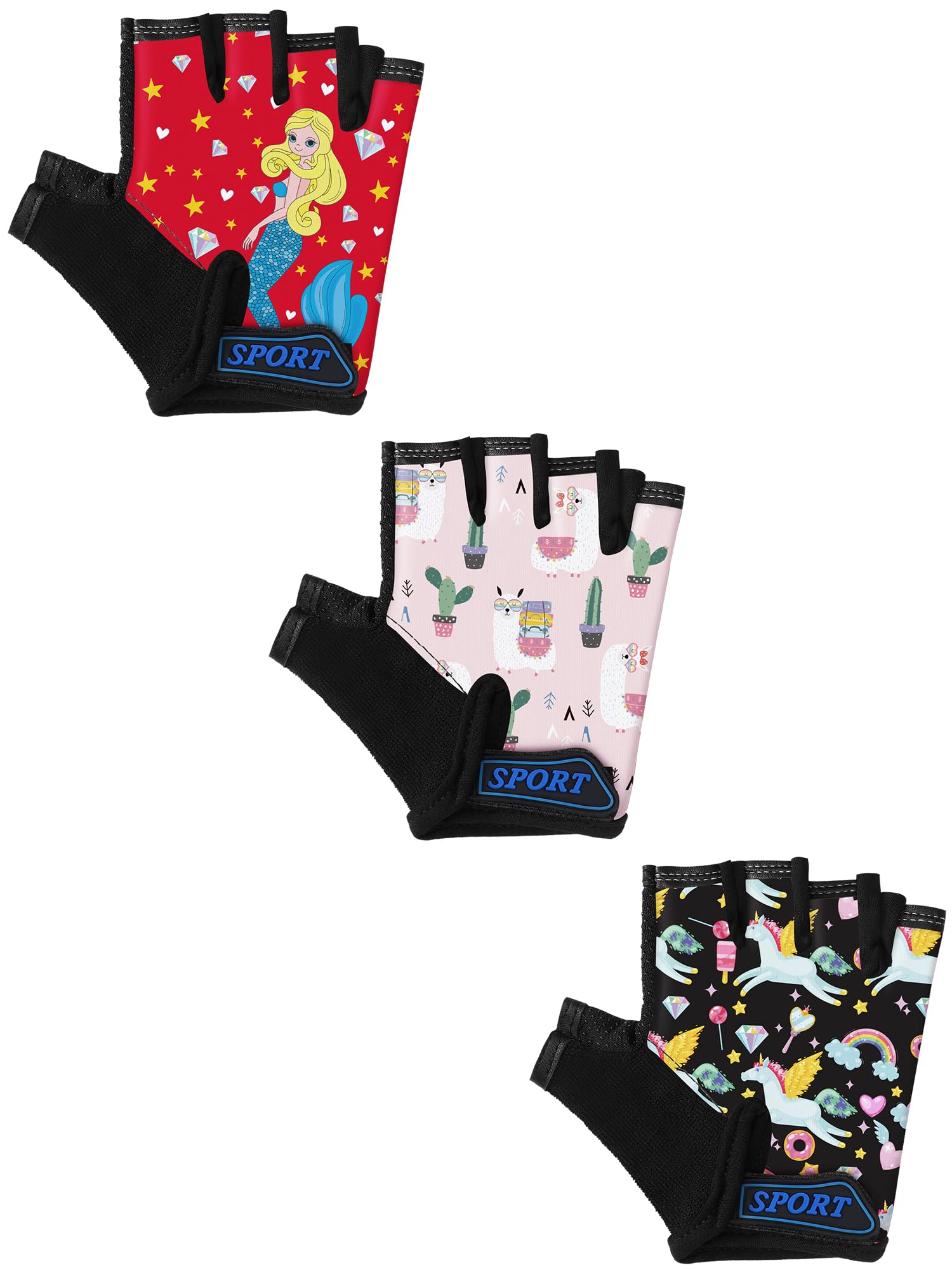 Boao 3 Pairs Kids Half Finger Bike Gloves