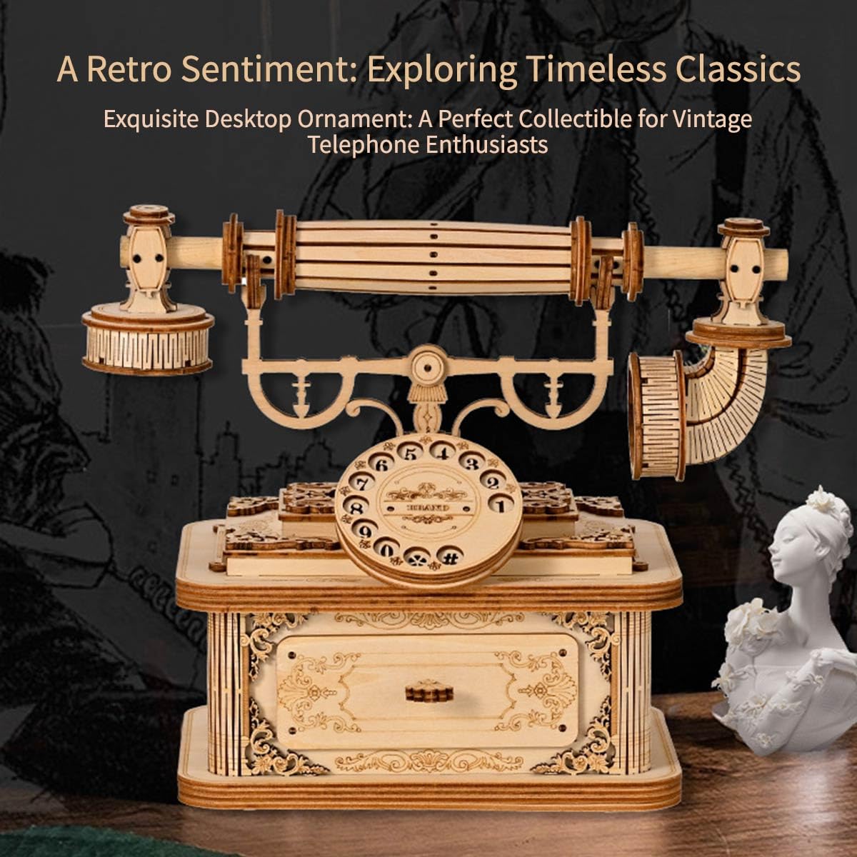 Drewniane puzzle 3D dla dorosłych, telefon retro 3D, zestaw do montażu, drewniane puzzle 3D, styl vintage, model telefonu, steampunk, telefon stołowy 3D, puzzle, drewno, zabawka, zestaw na