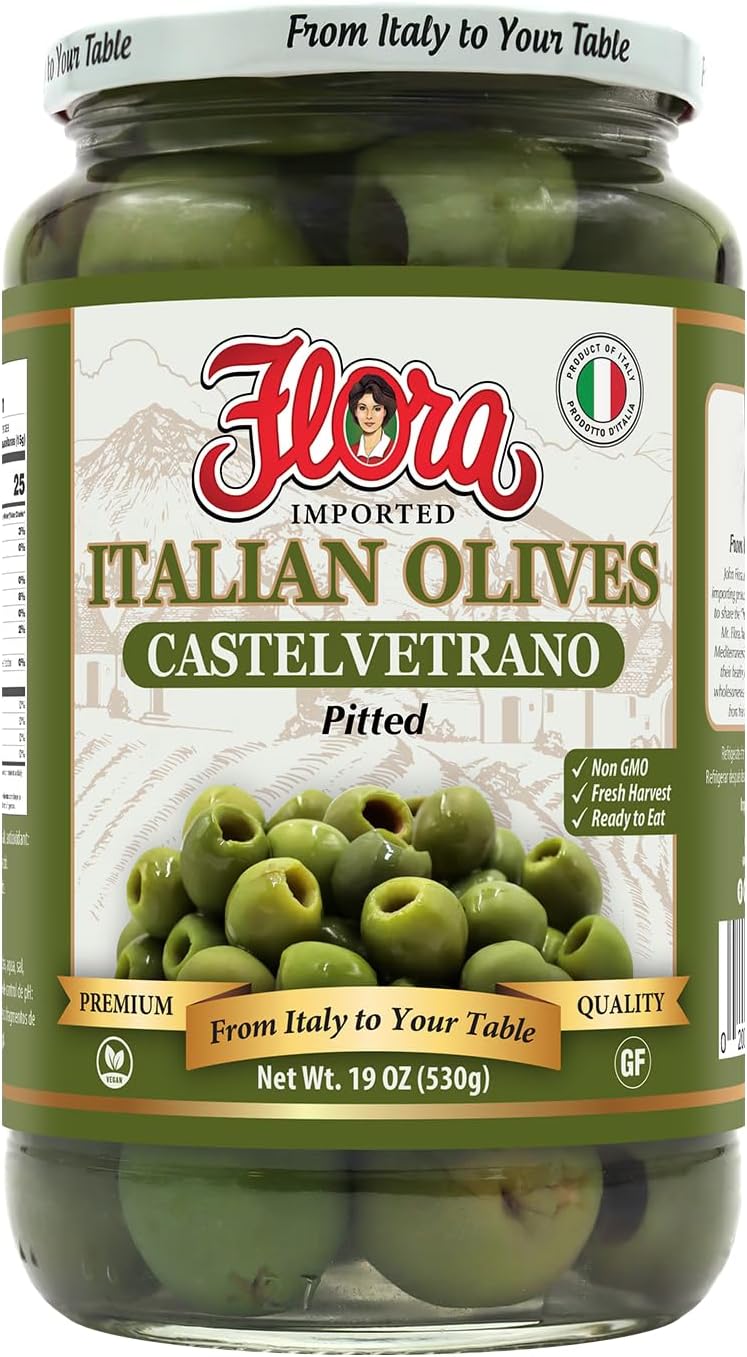 Flora Foods Italian Olives Castelvetrano Pitted | Sicilian Olives | 19 oz (530g) | 100% Italian | All Natural | Non GMO | Fresh Harvest