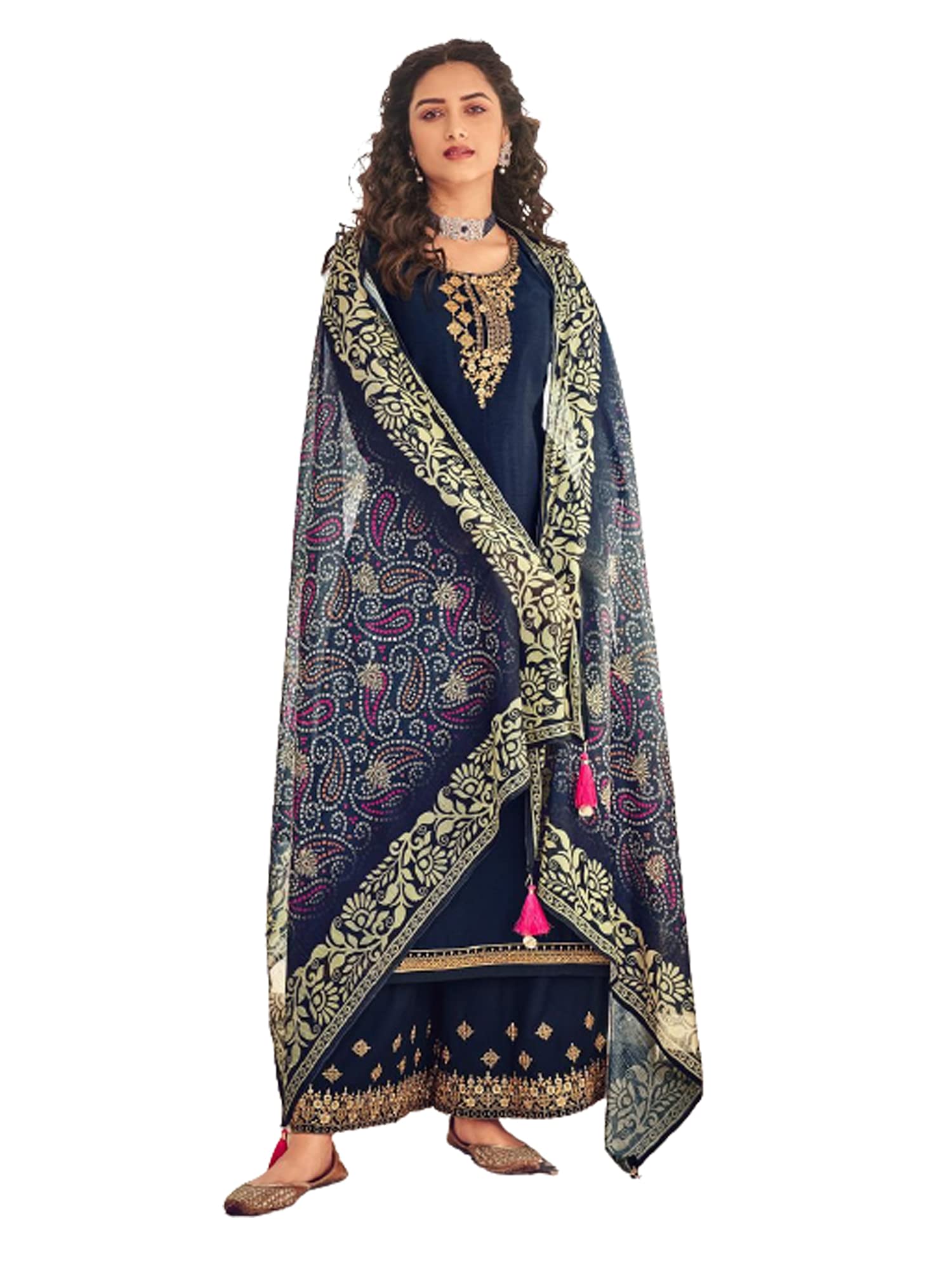 Navy Blue Heavy Chinnon Indian Straight Palazzo Salwar Kameez Muslim Women Cocktail Bollywood Dress 6678