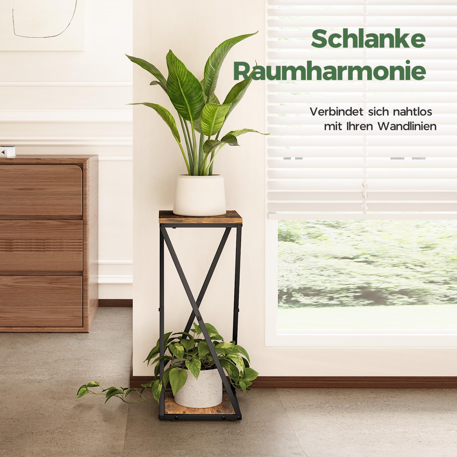 Bamworld Blumenständer Metall mit Holz Ablagen, 2 Ebenen Pflanzenständer im Industrie-Design, Blumenhocker für Wohnzimmer Balkon Garten Dekoration