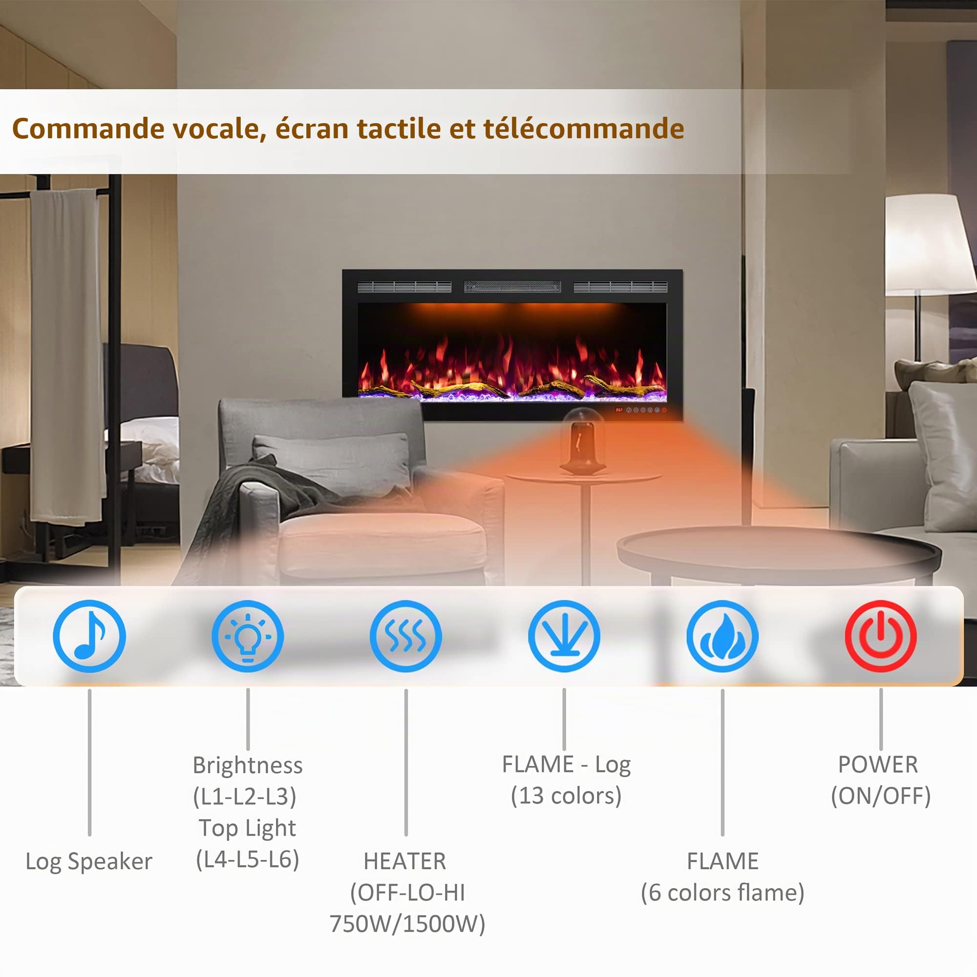 Crystal 72 Pro avec Wi-Fi - Cheminée Électrique Murale, 182,9 cm, 3 Couleurs de Bûches et Flammes, Contrôle Smart Home via Application Mobile et Alexa