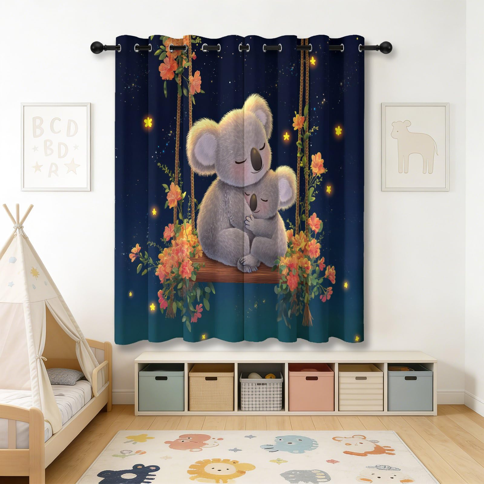 Zasłony nieprzejrzyste, z kreskówki, koala, huśtawka, kwiaty, gwiazdy, zaciemniające, szare, pomarańczowe, termiczne, do sypialni, pokoju dziecięcego, wys. 200 x szer. 70 cm (zestaw 2 szt.)