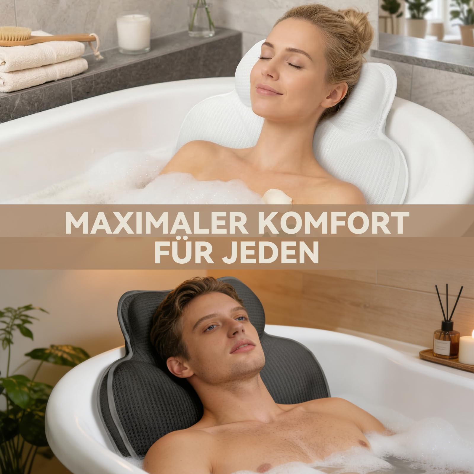 Badewannenkissen – Nackenkissen Badewanne aus 5D Air Mesh, Badekissen für Badewanne, 54 Rutschfestes Kopfkissen, Schnelltrocknend, Weiches Kissen für Badewannen (Weiß)