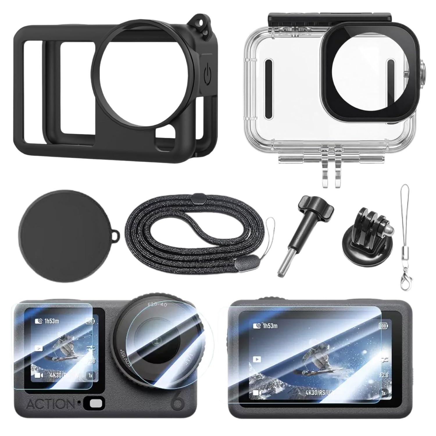 ADOFYS Action Camera Accessories for DJI Osmo Action 6 with Waterproof Case + Ultra Clear Tempered Glass Screen Protector + Lens Protector + HD Front Display Lens Protector + Silicone Rubber Case-image-32