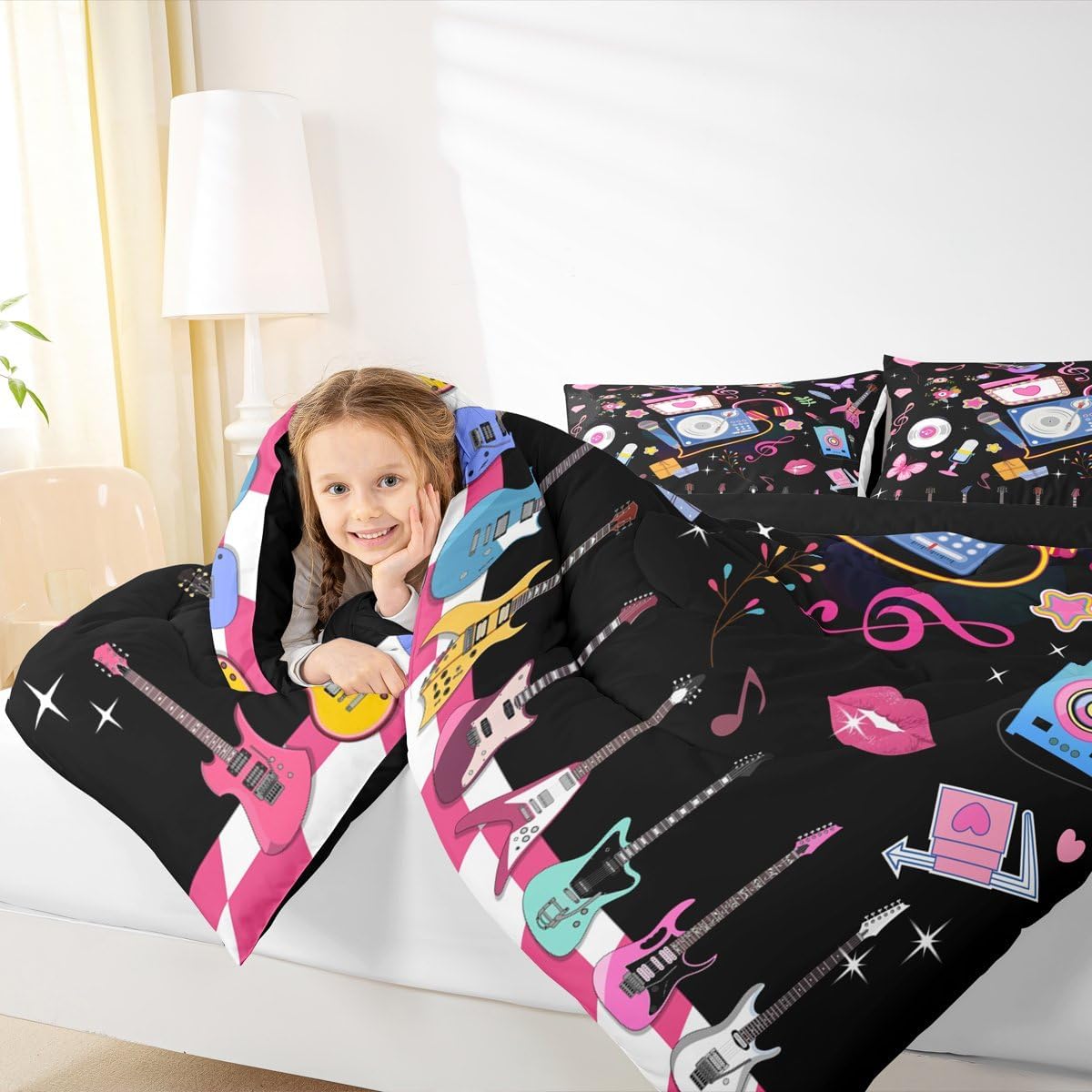 Feelyou Cartoon Girls Music Comforter Singer Guitar Women Bedding Set with 1 Pillowcase Twin Size Black Aesthetics Modern Disco Snake Butterfly Quilt Duvet for Kids Boys Girls Bedroom Decor