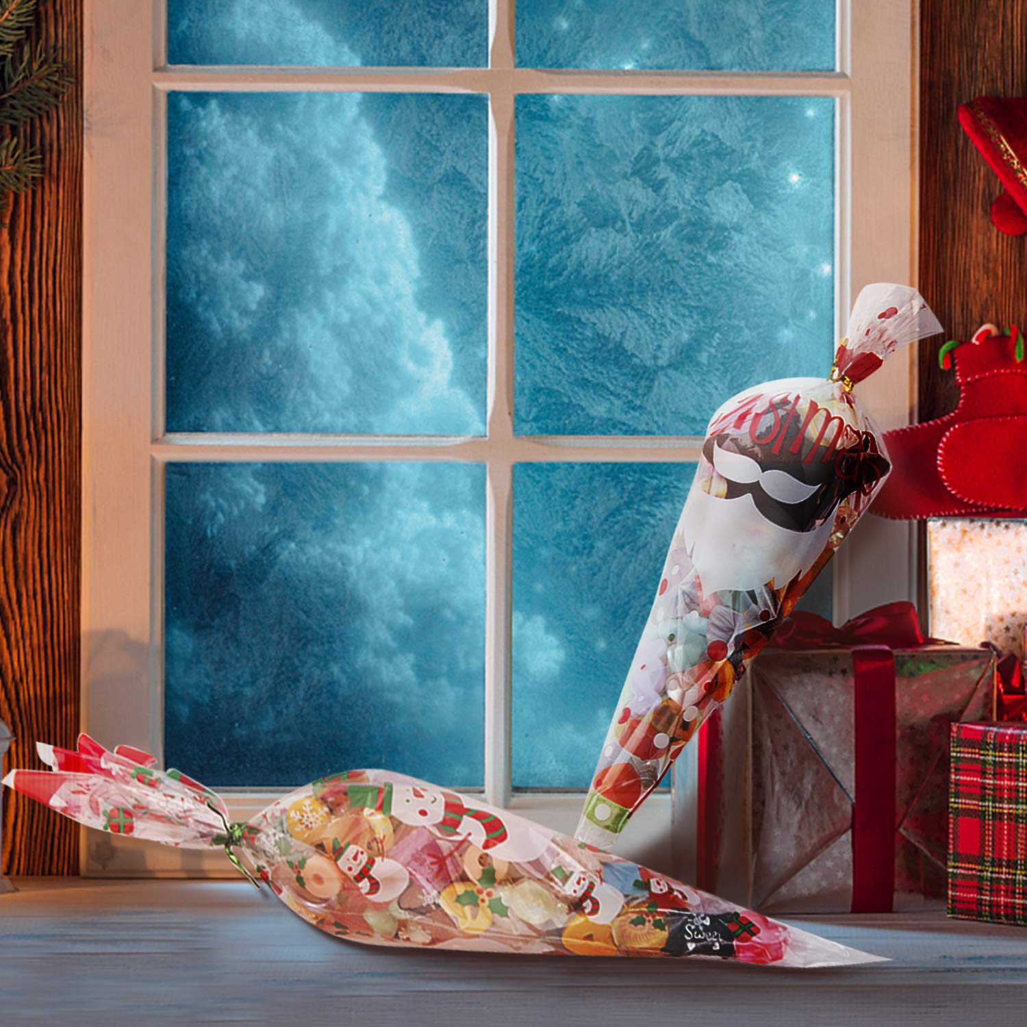 100 Pcs Cone Cellophane Bags, 6x12 Inches Clear Plastic Cone Shaped Treat Bags 100 Twist Ties Party Favor Gift Wrapping Packaging Decorations Storage