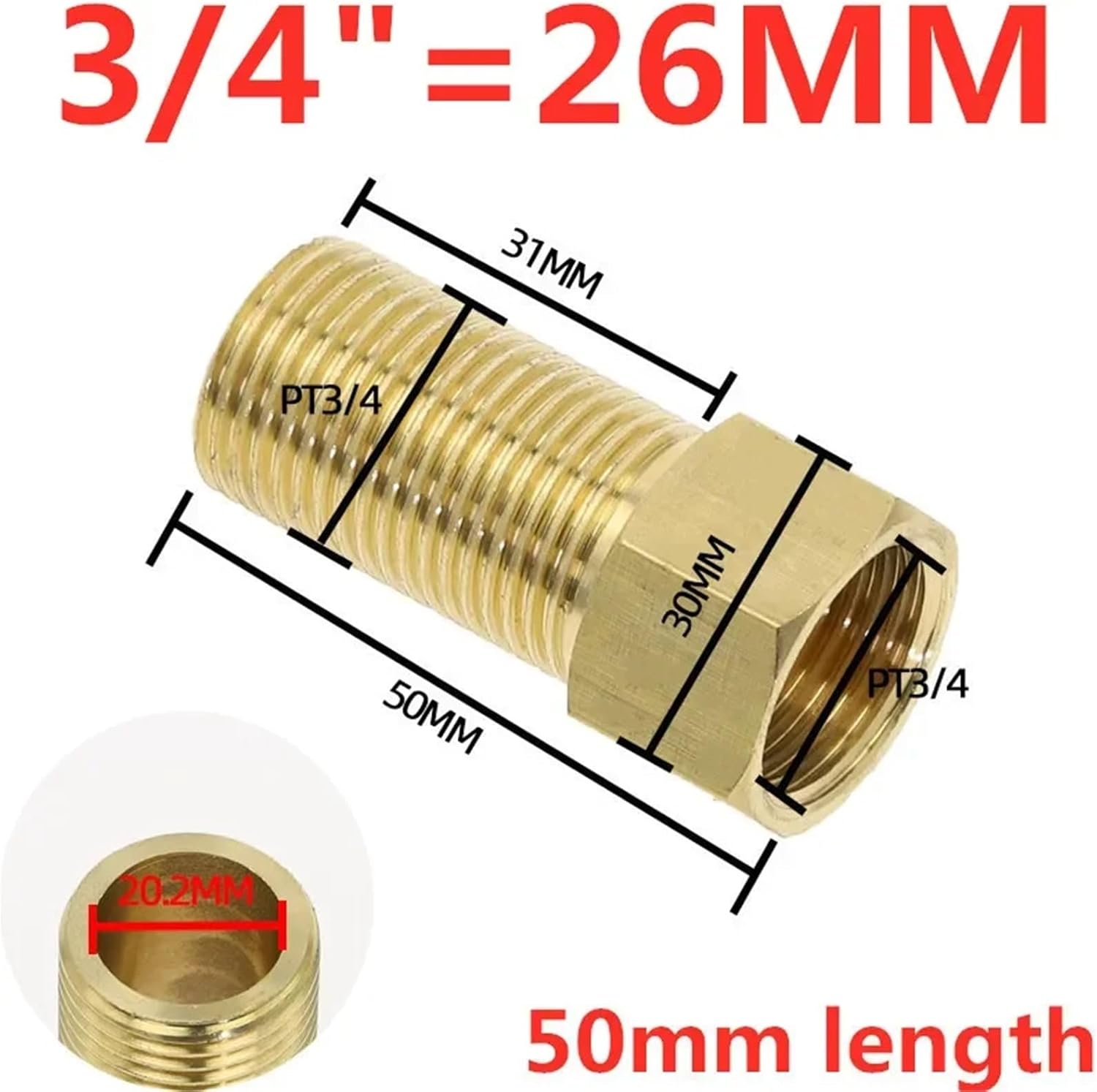 Brass Fitting 1/2 3/4Inch Male To Female Change Coupler Straight In Connector Adapter 28mm 40mm 50mm 70mm 100mm Length(Brown)