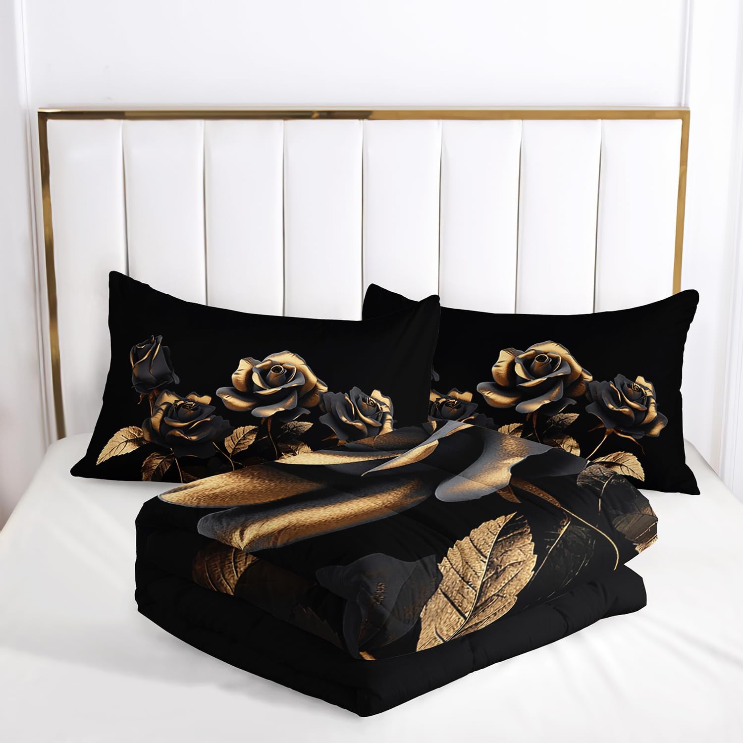 AILONEN Rose Comforter Set Queen Size,Gold Rose Bedding Set for Women,3-Piece Black Print Soft Microfiber Duvet Set for Bedroom Decor All Season,1 Comforter with 2 Pillowcases - Image 5