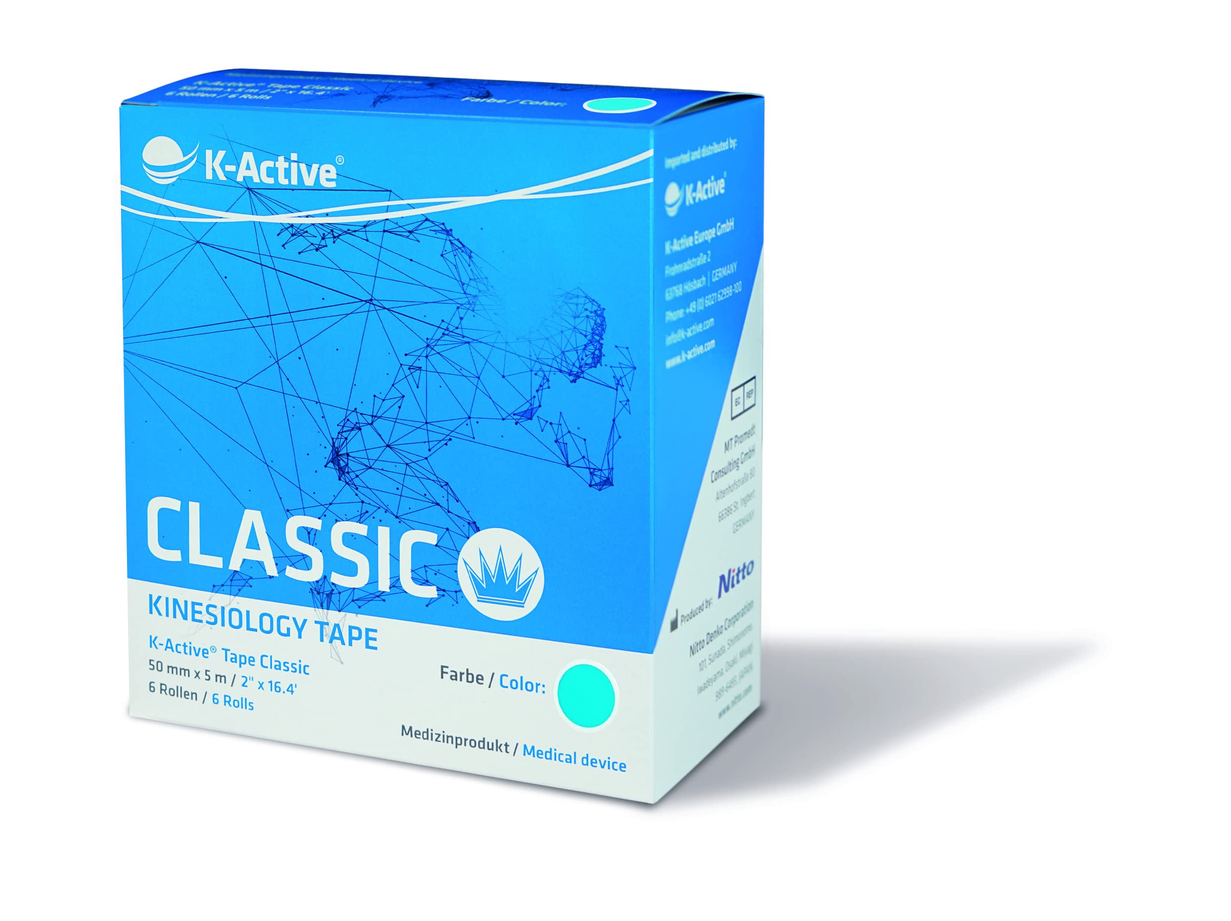 K-Active nastro Kinesiologico classico BLU, idrorepellente e anallergico, 50 mm x 5 m, confezione da 6