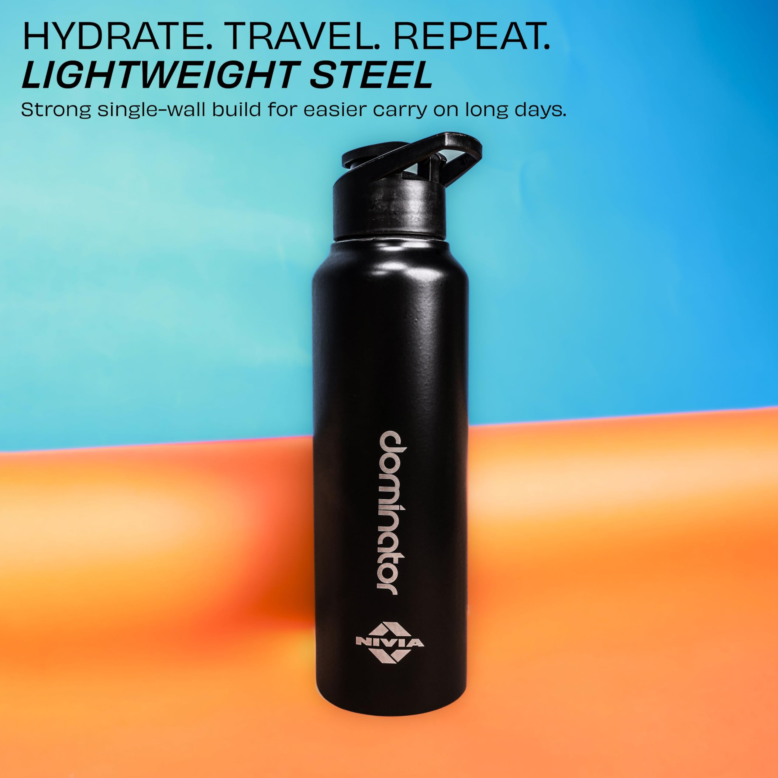 Nivia Dominator Stainless Steel Water Bottle 1000ML with Sipper, Durable, Leak-Proof, Easy Grip, Easy-to-Clean, Odour-Free Bottle with Secure Cap for School, Travel, Gym & Work (Black) 1