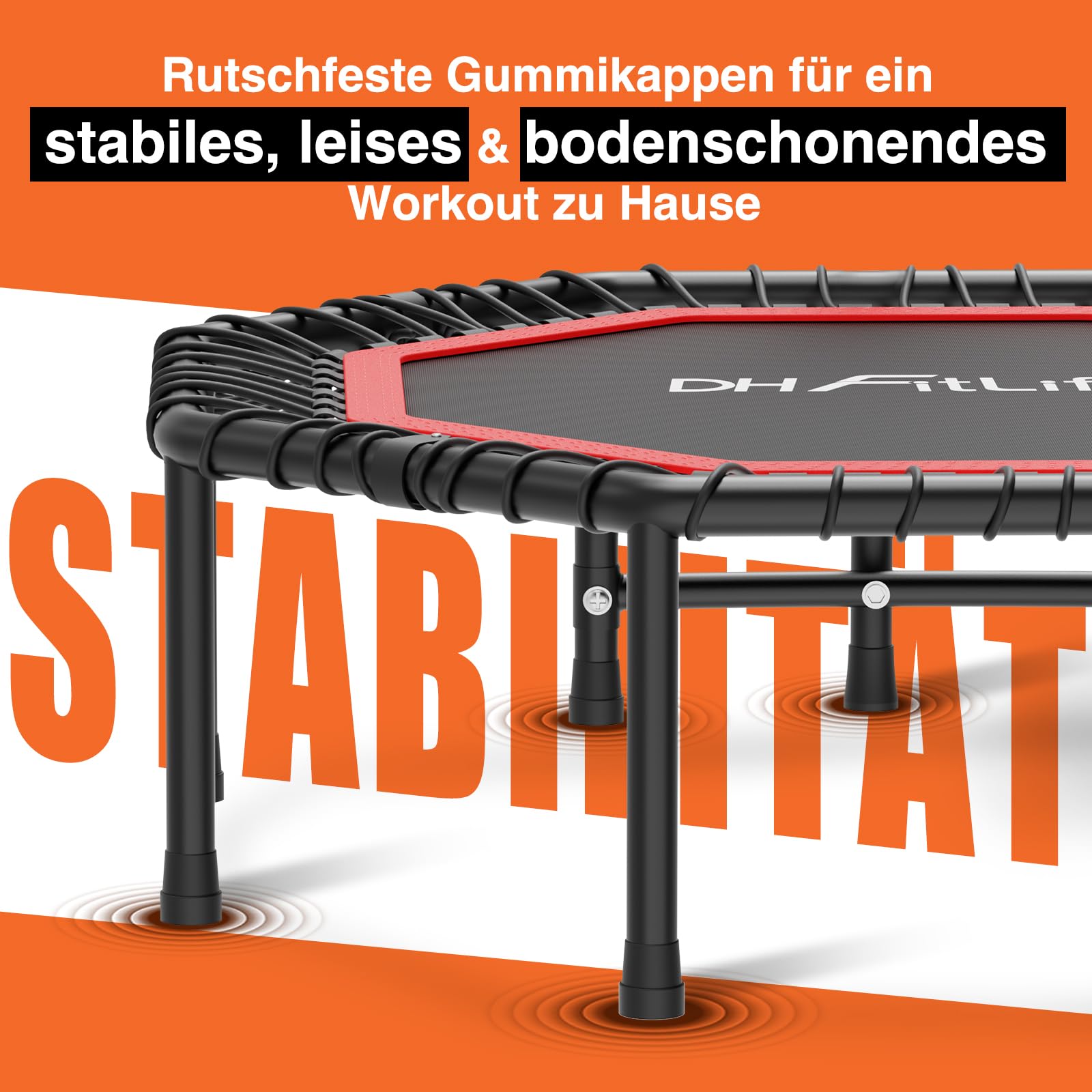 DH FitLife Fitness Indoor Trampolin klappbar mit vormontierter Sprungfläche | Ø121 cm 48 Zoll Trampoline | 150 kg Tragfähigkeit | 3-Fach Verstellbarer Handgriff | stabil & leise