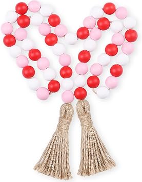 Valentines Day Wood Bead Garland with Tassel,Rustic Wooden Bead Decor Farmhouse Beads Big Wall Hanging Decor Pink,39In