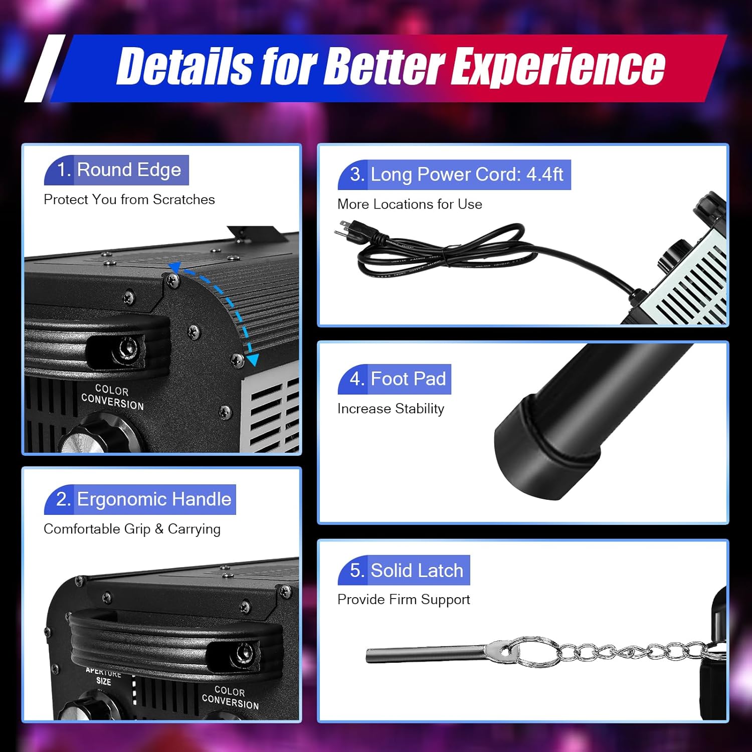 antsipiriany view of LOYALHEARTDY 200W LED Follow Stage Spot Light showing round edges, ergonomic handle, long power cord, foot pad, and solid latch