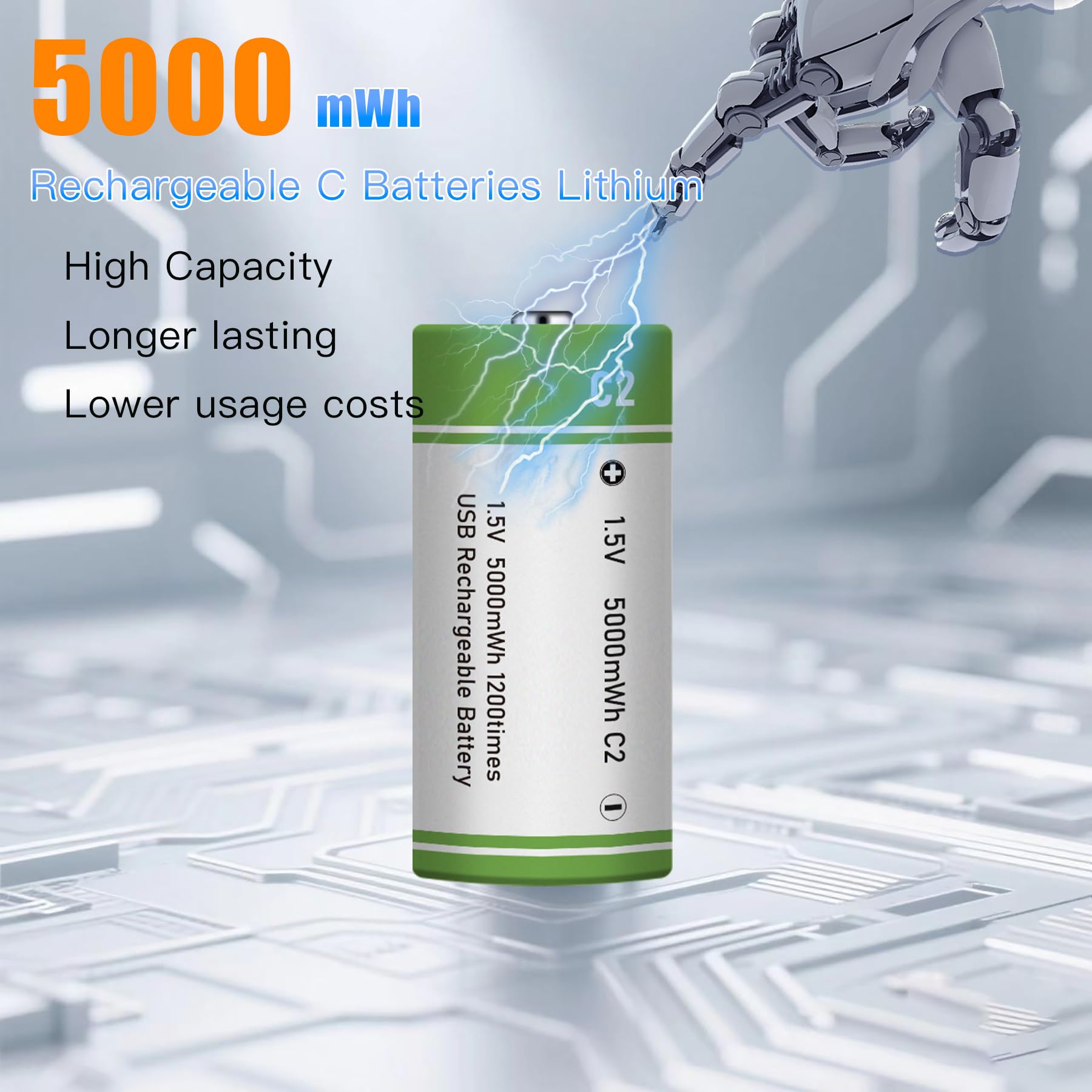 8 batterie C USB Type-C agli ioni di litio ricaricabili, ad alta capacità, 1,5 V, 3300 mAh, 5000 mWh, batteria al litio ricaricabile, 2,5 ore, ricarica rapida, con cavo di ricarica