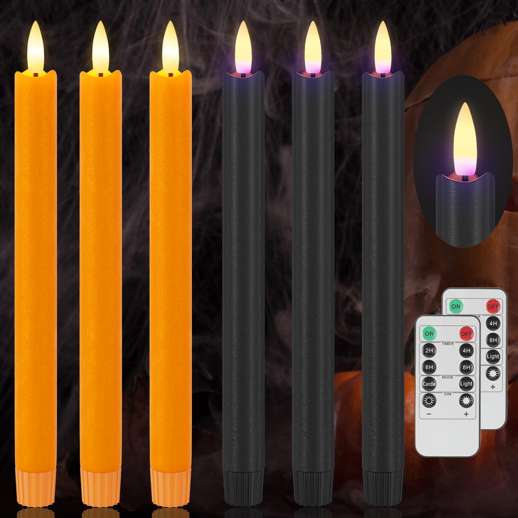 Orange &amp; Black Flameless Taper Candles with Remote, Halloween LED Candles