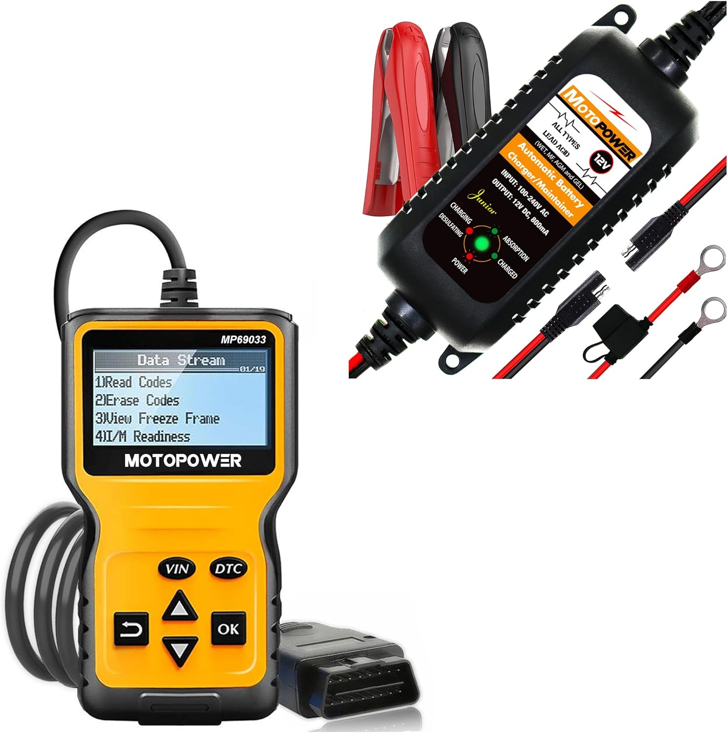 MOTOPOWER MP69033 Car OBD2 Code Reader Scanner with MP00205A 12V 800mA Battery Charger Maintainer