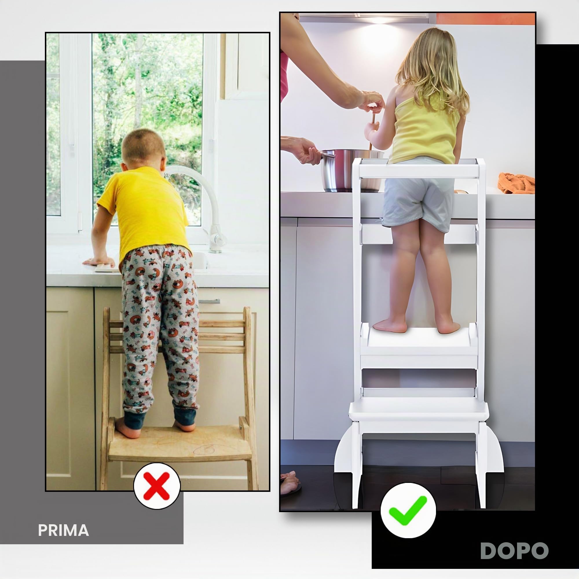Torre Montessori per Bambini in Legno Bianco – Torre di Apprendimento Regolabile in Altezza, Sicura e Stabile, Ideale per Cucina e Bagno