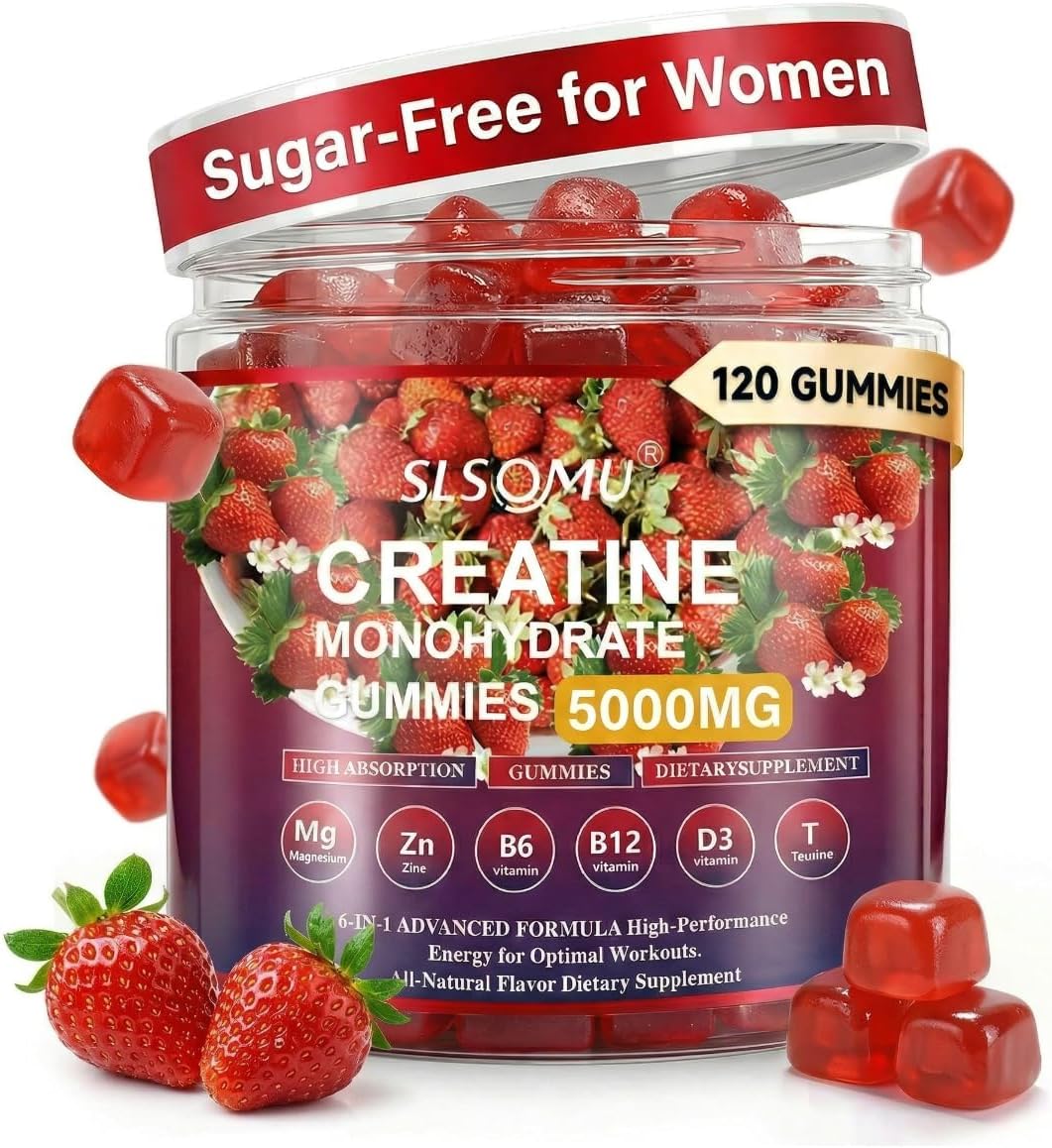 Creatine Gummies for Women, 5000mg Pre-Workout Muscle Strength & Energy Support, 0 Sugar Creatine Gummy with L-Taurine, Zinc, B12 B6, Strawberry Flavor, Vegan - 120 Gummies